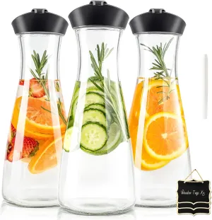 Glass Carafe Pitcher - HIHUOS 34oz Water Carafe Set for Mimosa Bar - Juice Containers with Airtight Lids for Fridge, 3 Pack Tea Pitcher for Juice, Milk, Cold Brew - 3 Wooden Tags and 1 Marker Included