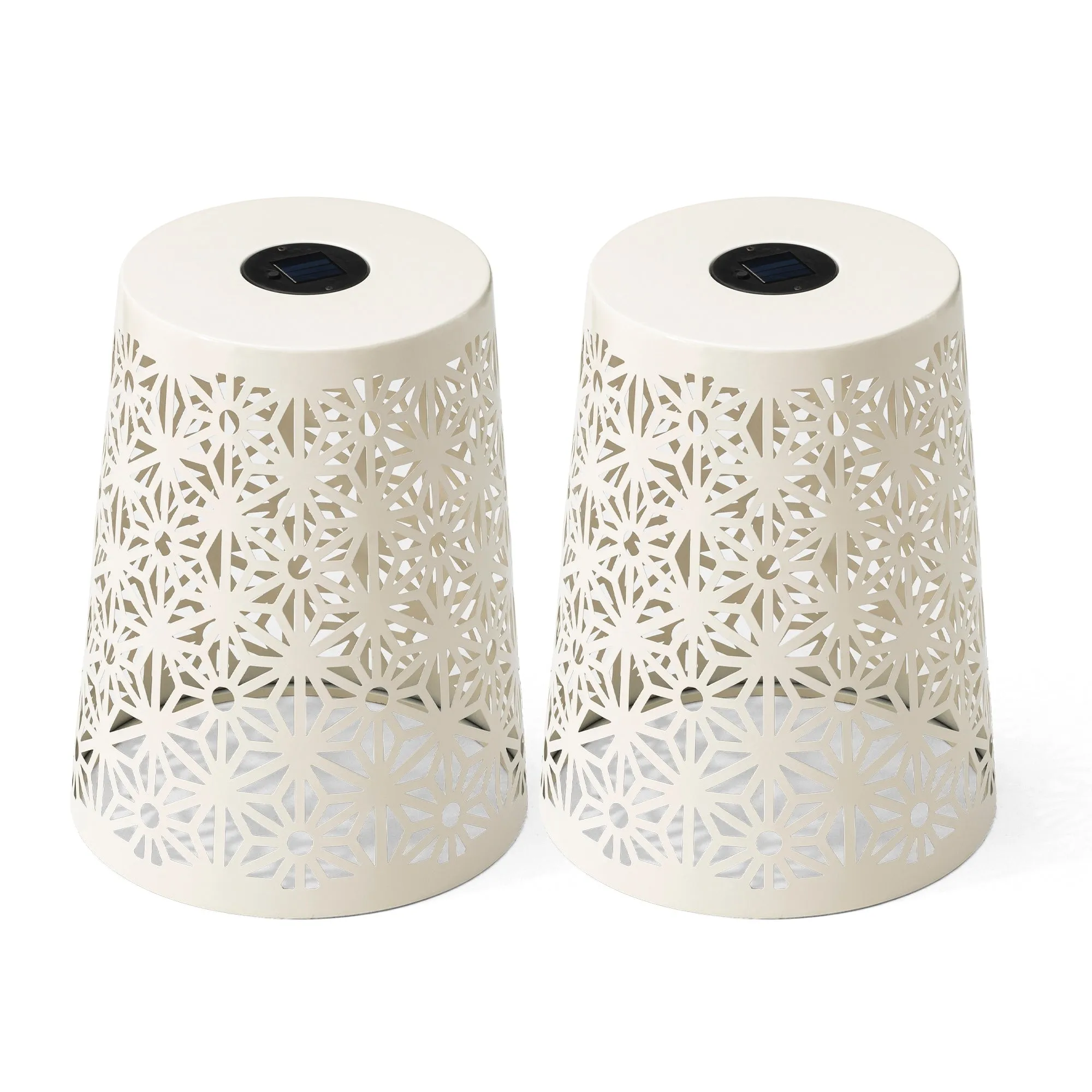 Glitzhome 17.5"H Set of 2 Cutout Geometric Pattern Solar Powdered LED Light Garden Stool