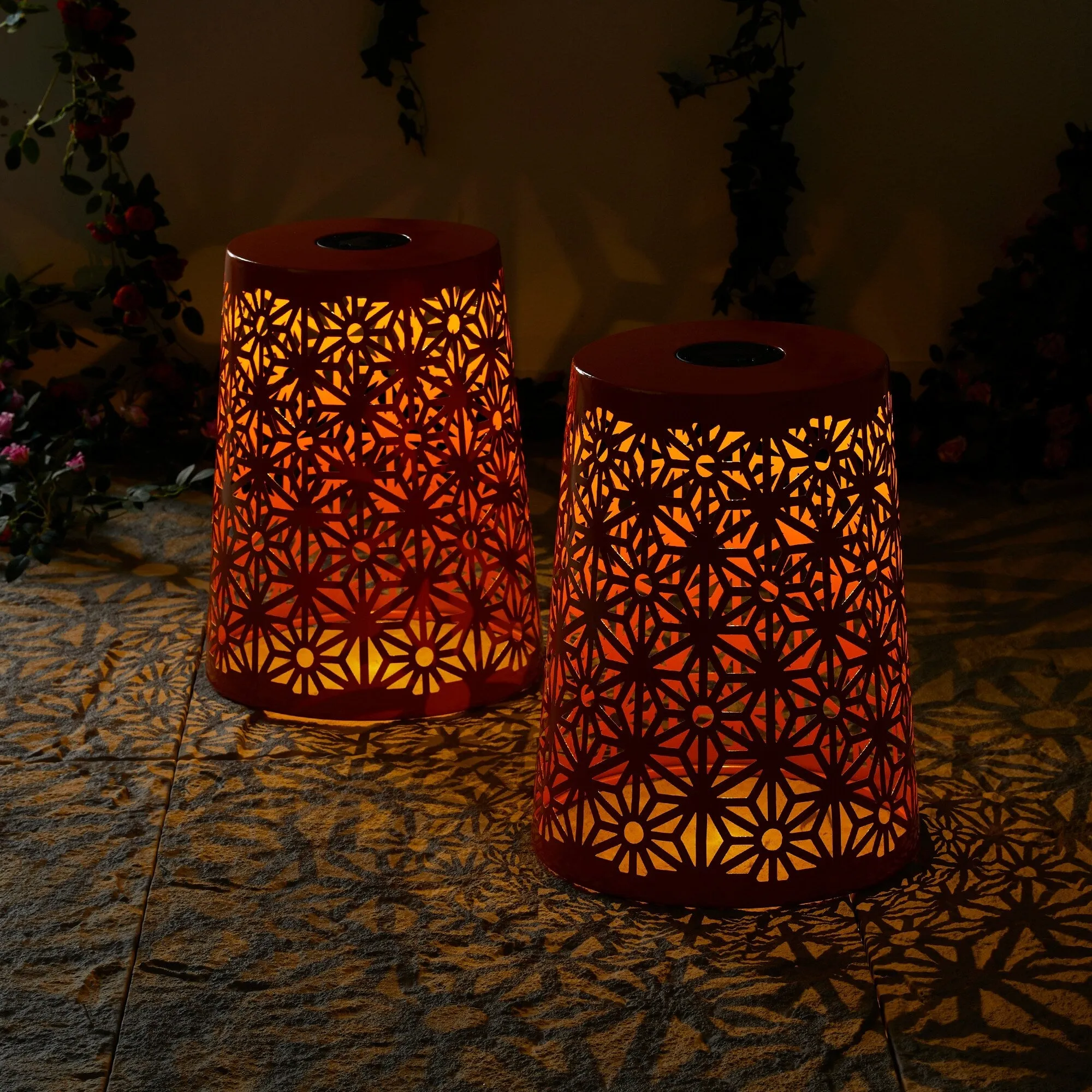Glitzhome 17.5"H Set of 2 Cutout Geometric Pattern Solar Powdered LED Light Garden Stool