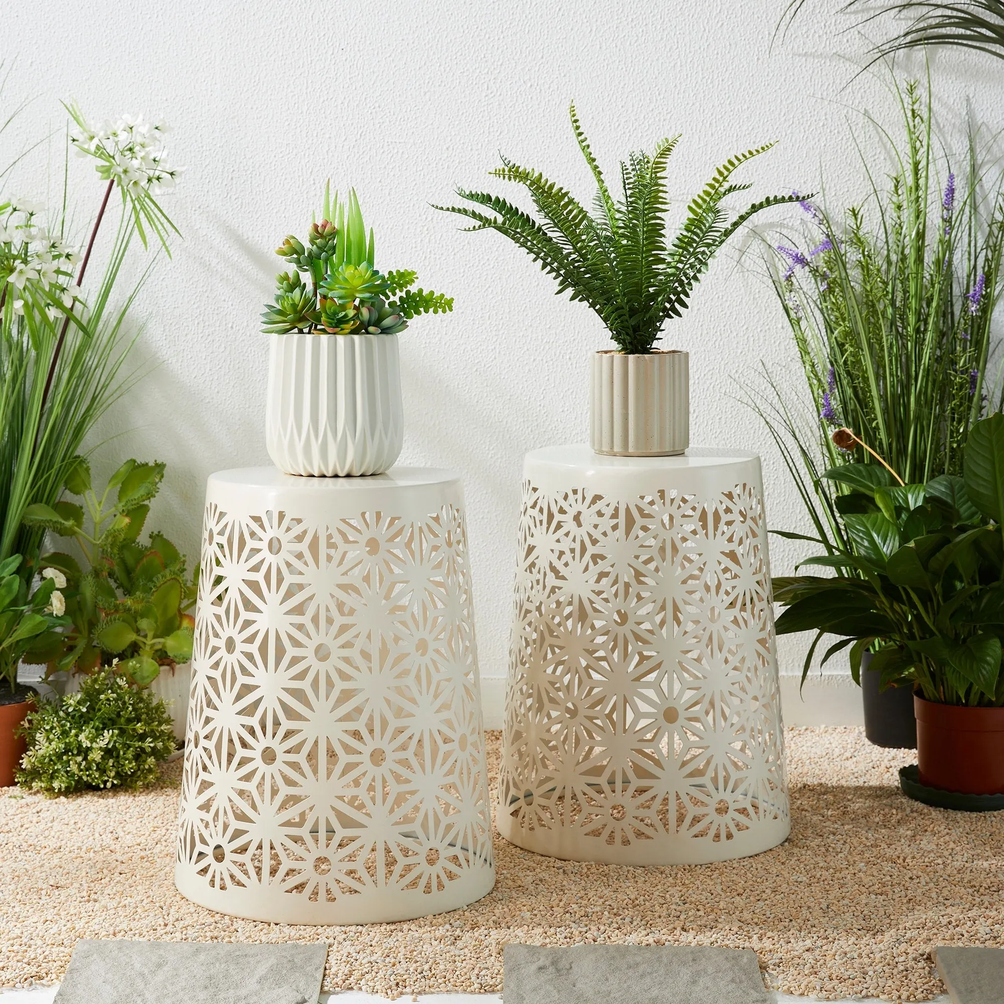 Glitzhome 17.5"H Set of 2 Cutout Geometric Pattern Solar Powdered LED Light Garden Stool