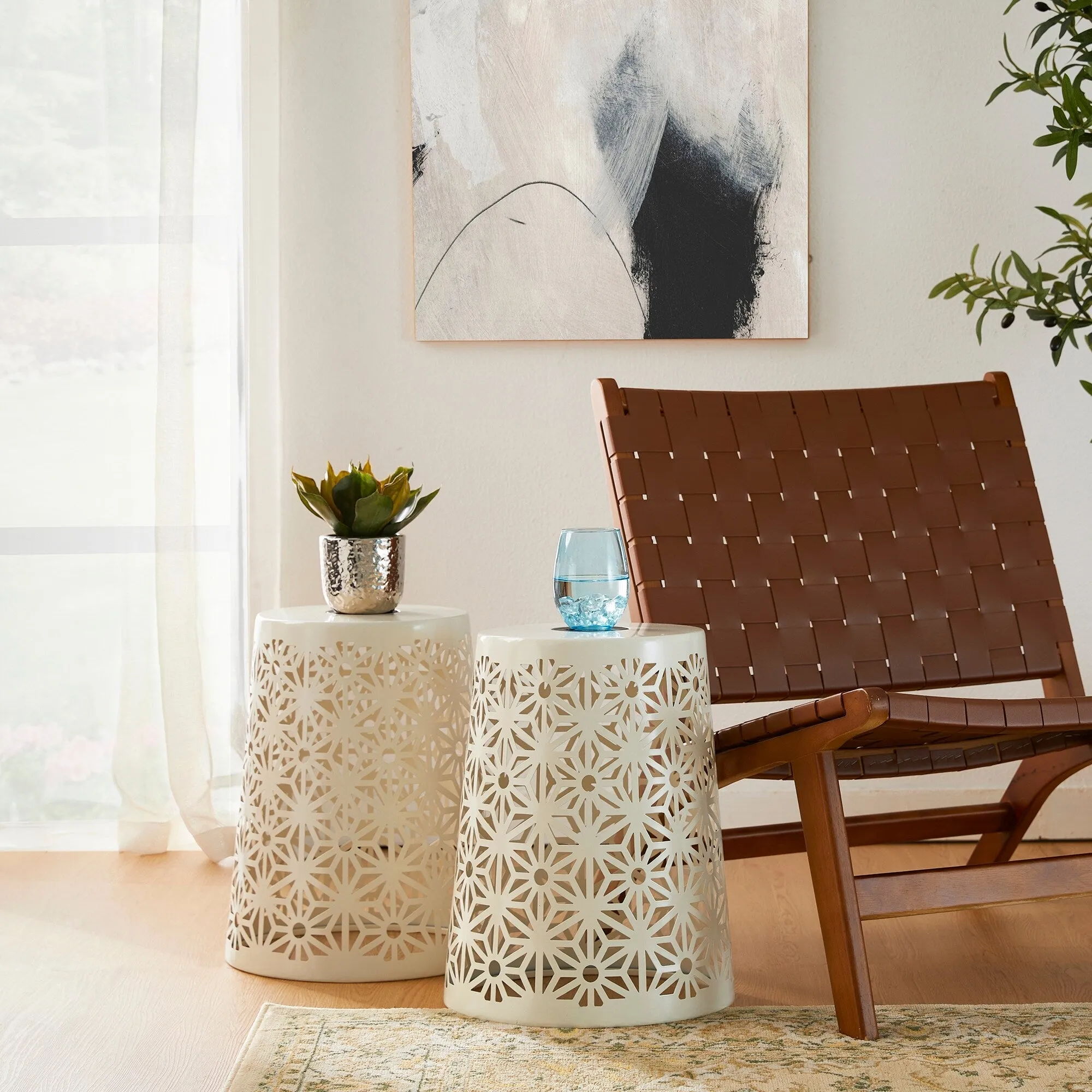Glitzhome 17.5"H Set of 2 Cutout Geometric Pattern Solar Powdered LED Light Garden Stool