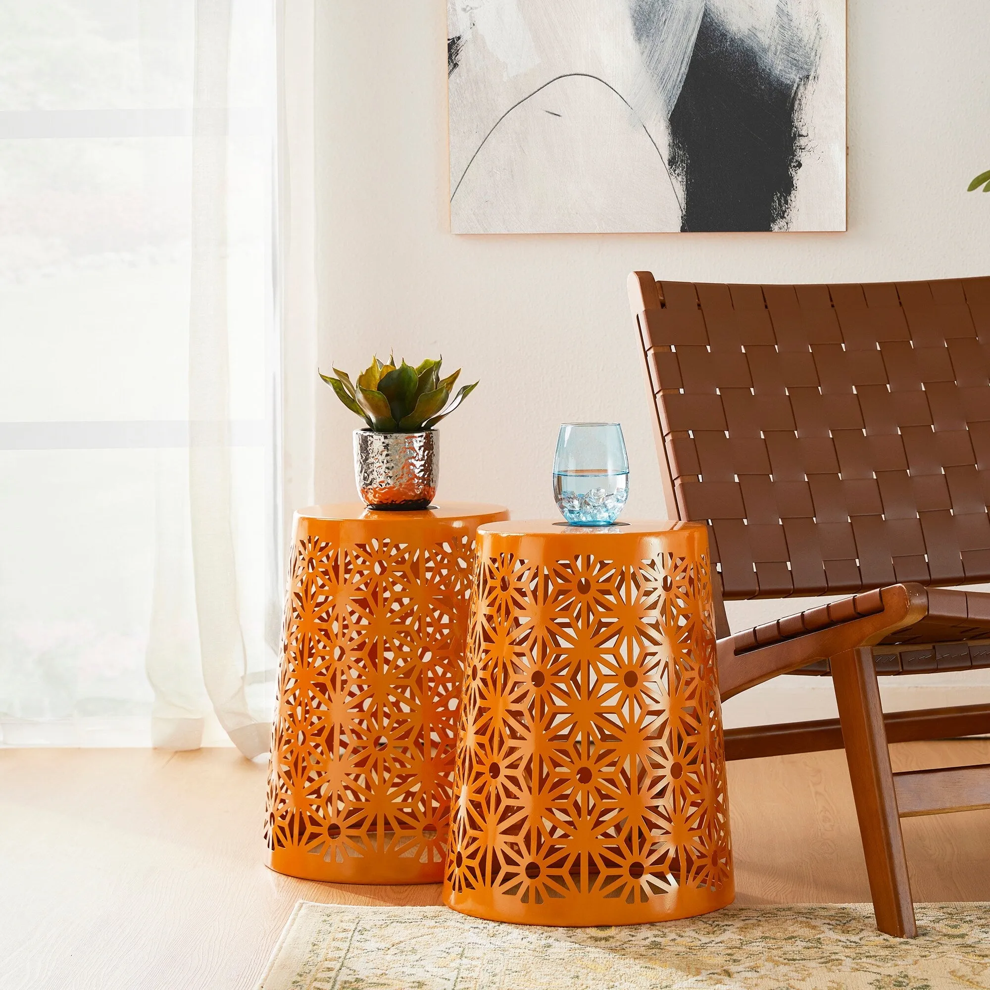 Glitzhome 17.5"H Set of 2 Cutout Geometric Pattern Solar Powdered LED Light Garden Stool