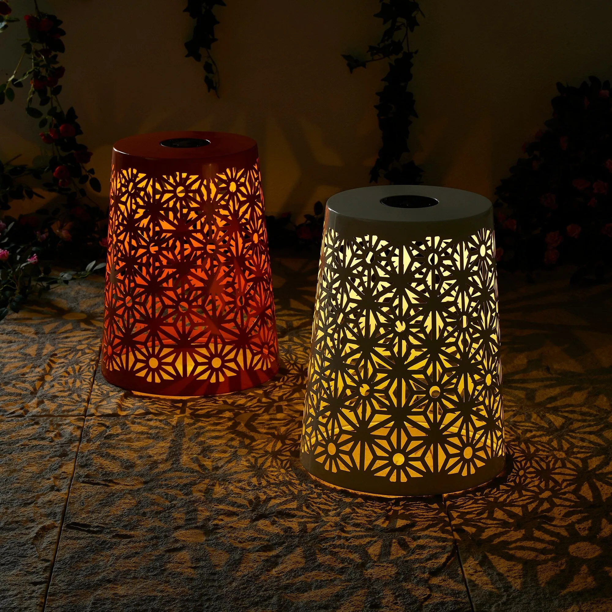 Glitzhome 17.5"H Set of 2 Cutout Geometric Pattern Solar Powdered LED Light Garden Stool