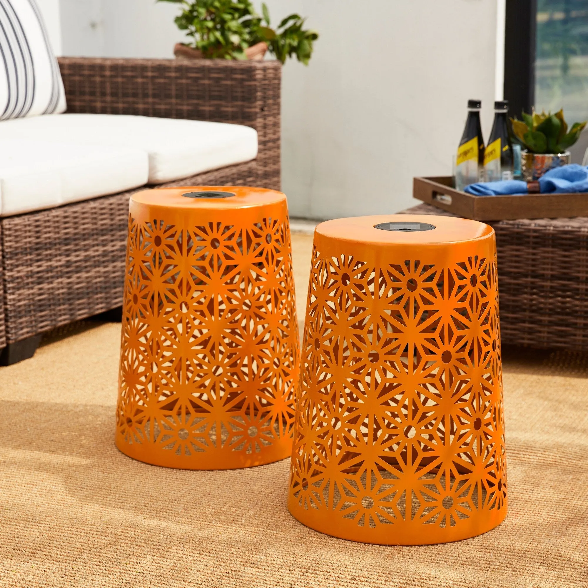 Glitzhome 17.5"H Set of 2 Cutout Geometric Pattern Solar Powdered LED Light Garden Stool