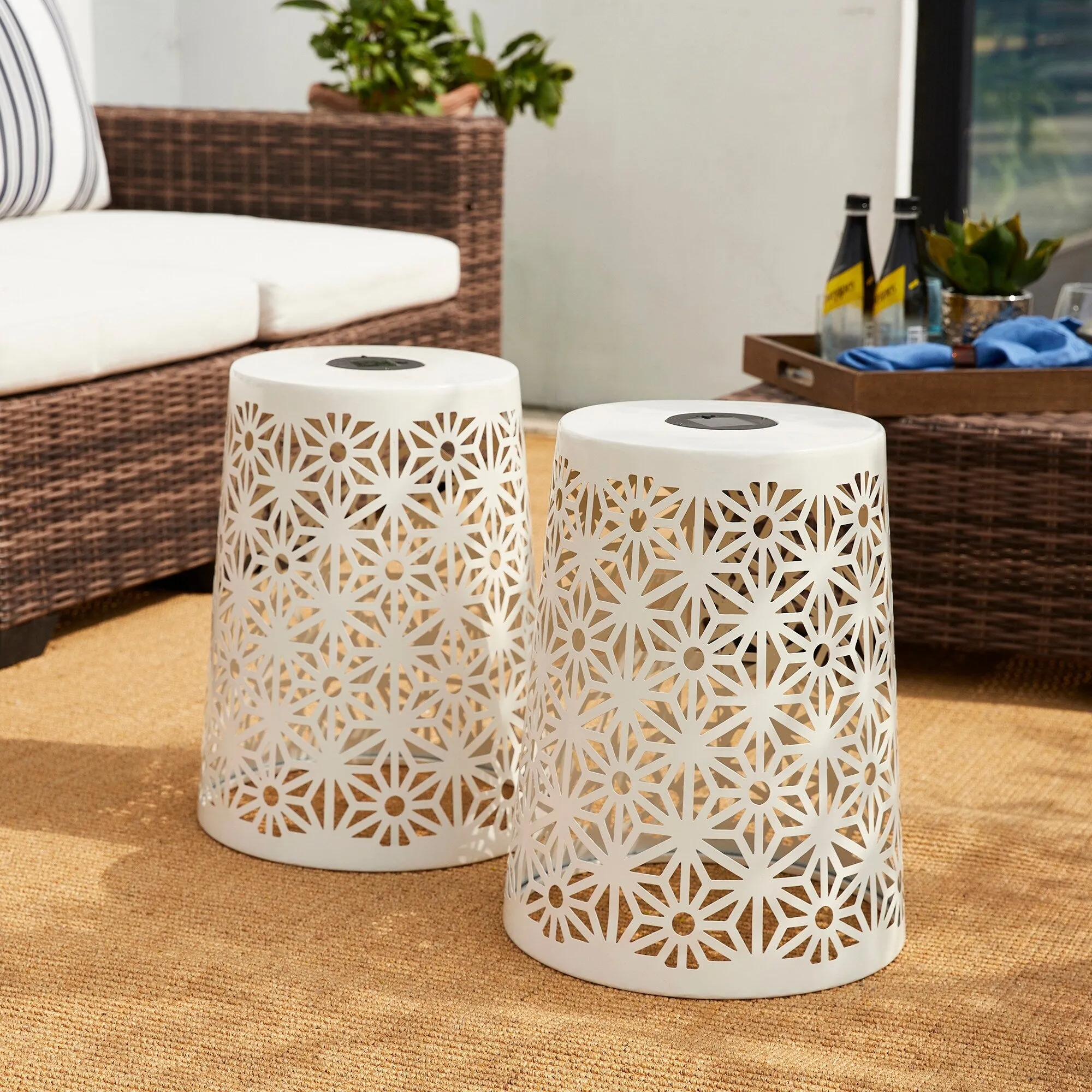 Glitzhome 17.5"H Set of 2 Cutout Geometric Pattern Solar Powdered LED Light Garden Stool