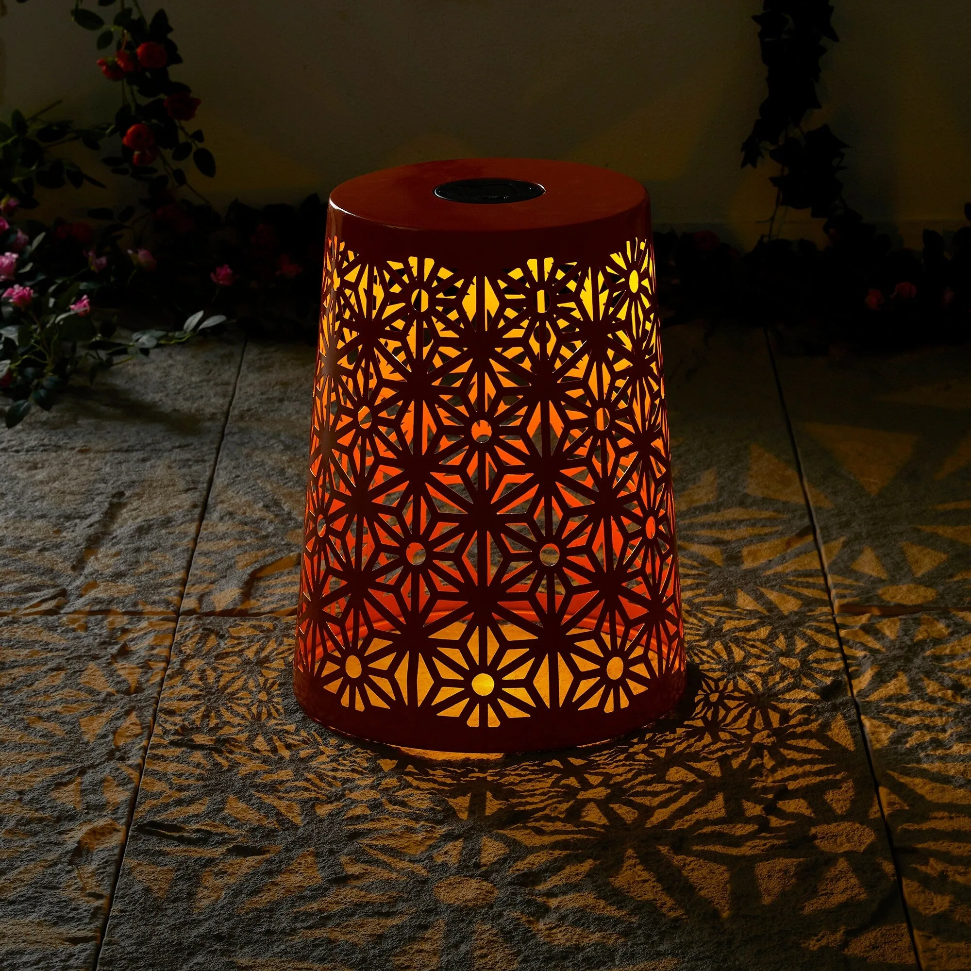 Glitzhome 17.5"H Set of 2 Cutout Geometric Pattern Solar Powdered LED Light Garden Stool