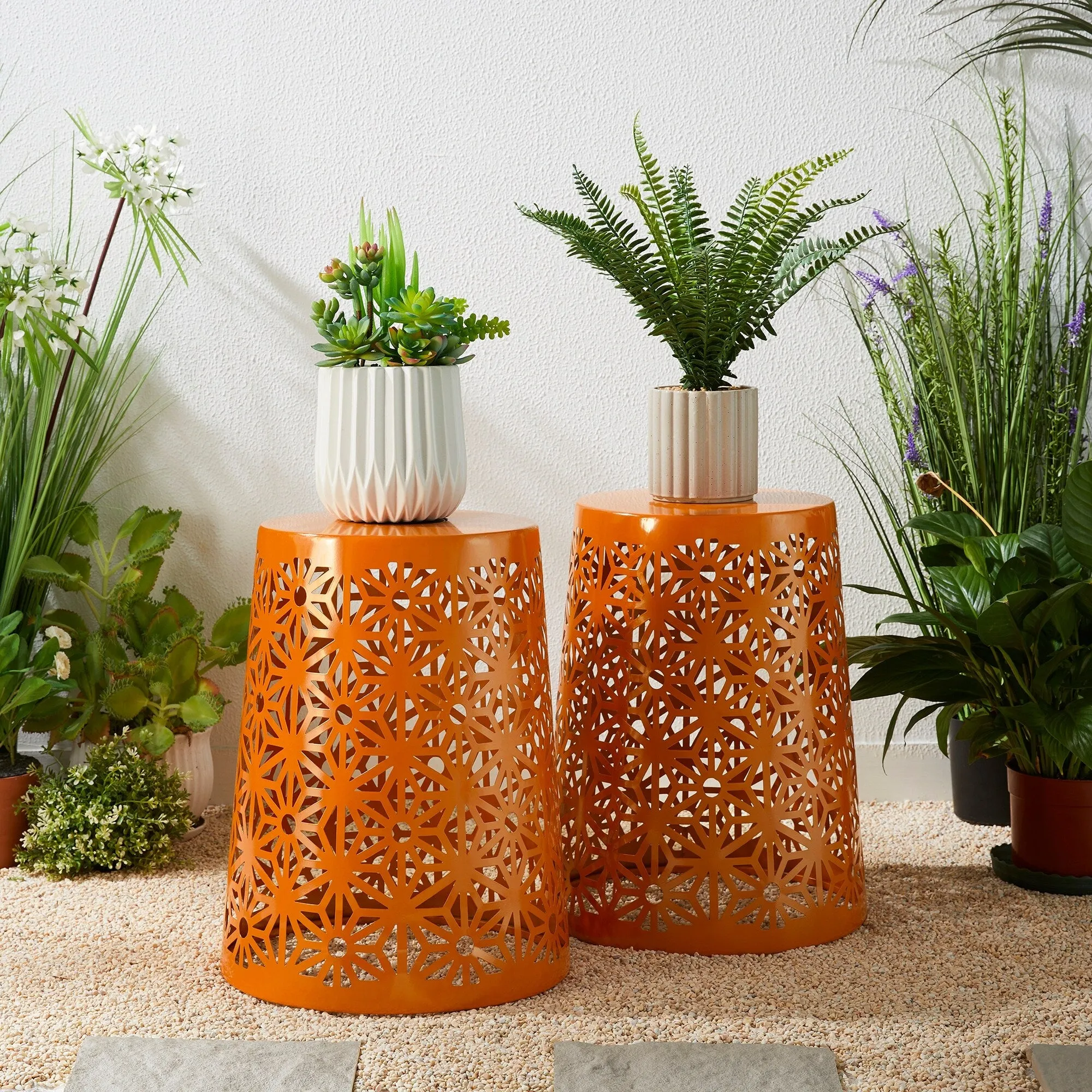 Glitzhome 17.5"H Set of 2 Cutout Geometric Pattern Solar Powdered LED Light Garden Stool