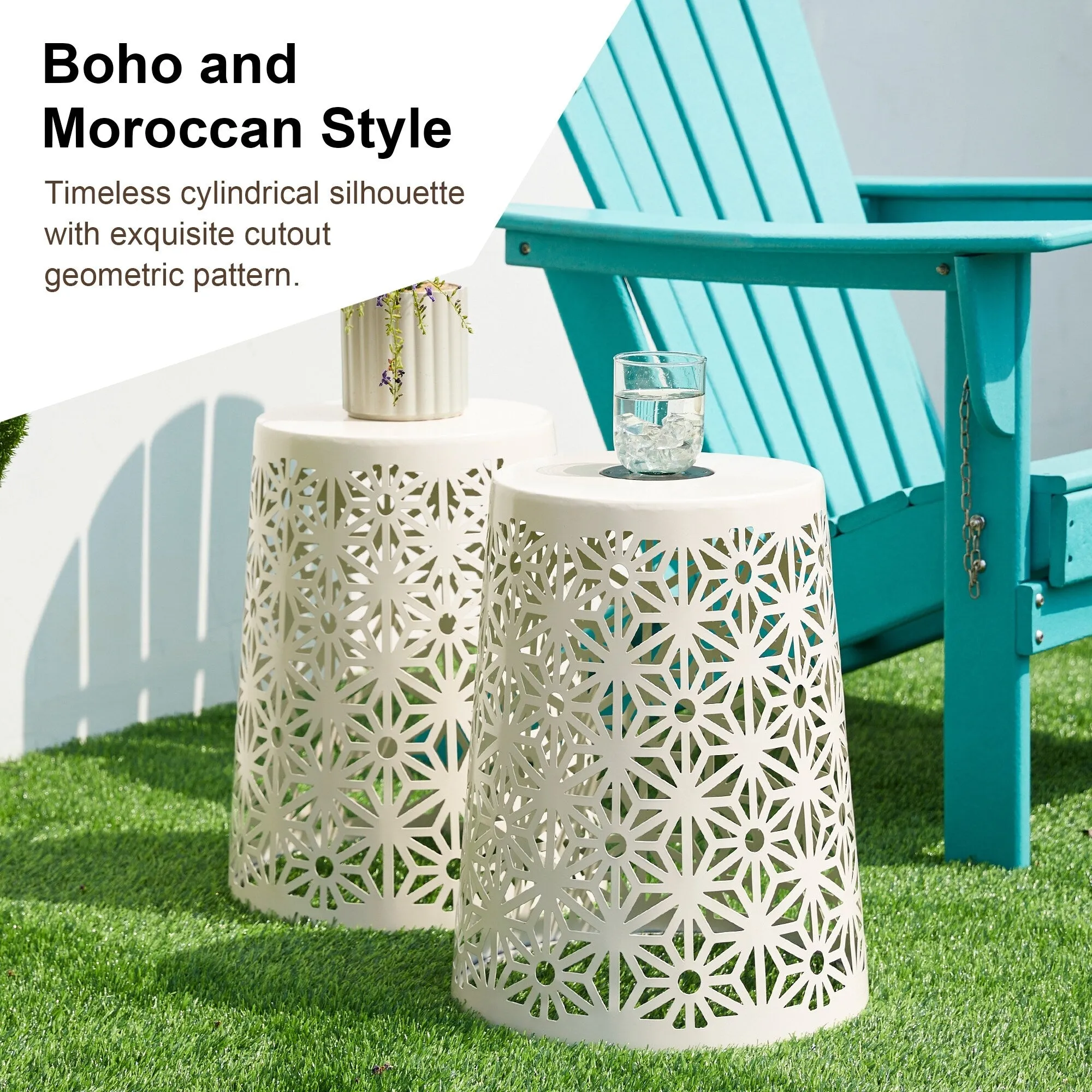 Glitzhome 17.5"H Set of 2 Cutout Geometric Pattern Solar Powdered LED Light Garden Stool