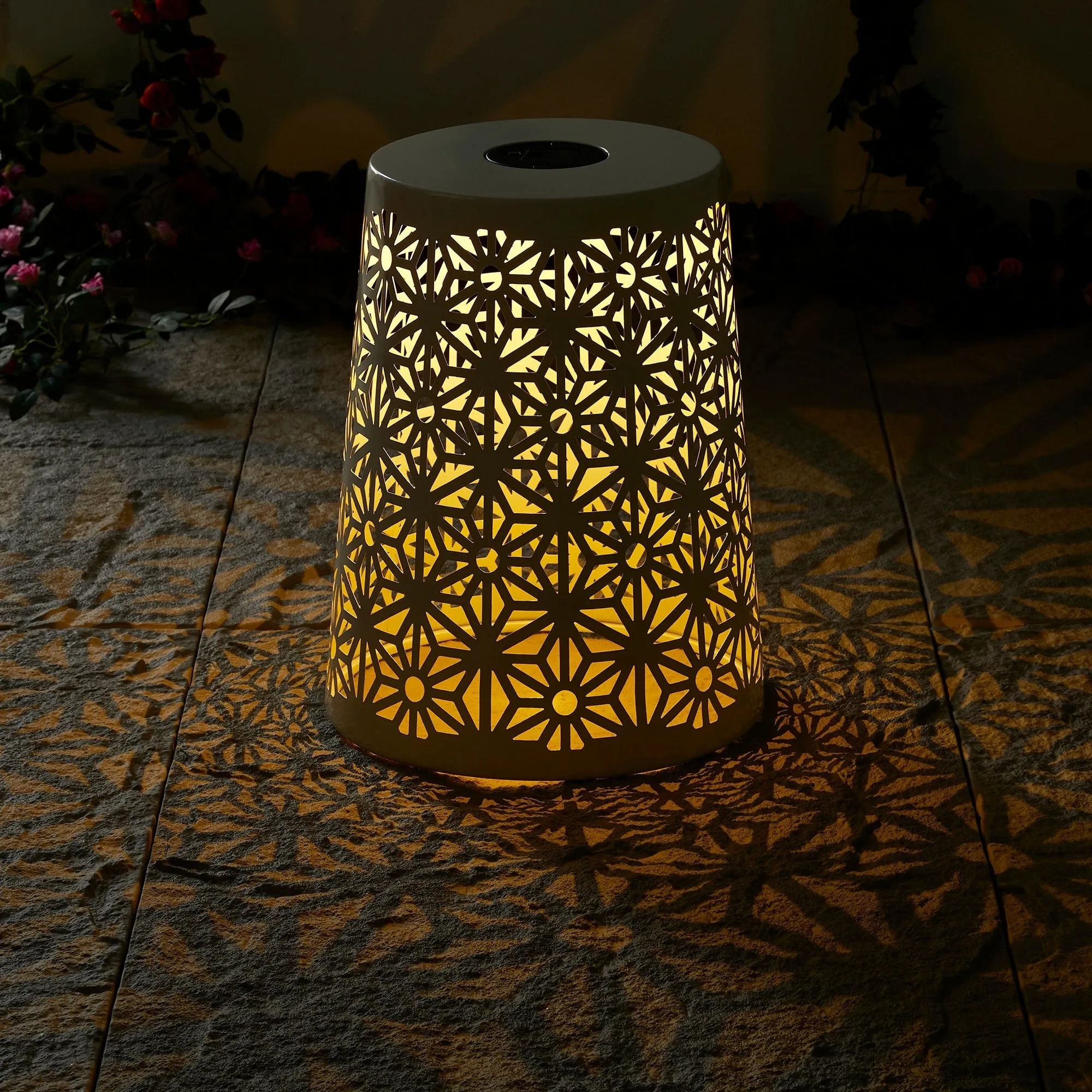 Glitzhome 17.5"H Set of 2 Cutout Geometric Pattern Solar Powdered LED Light Garden Stool