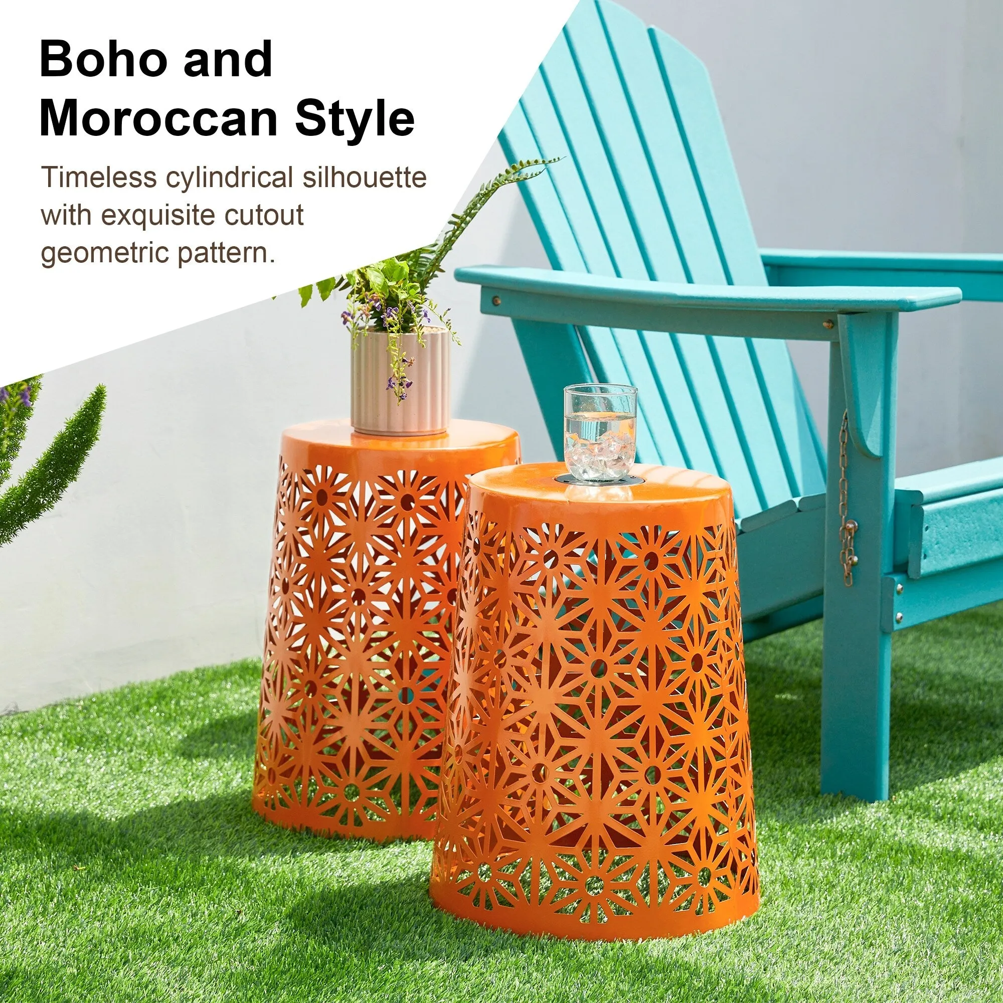 Glitzhome 17.5"H Set of 2 Cutout Geometric Pattern Solar Powdered LED Light Garden Stool