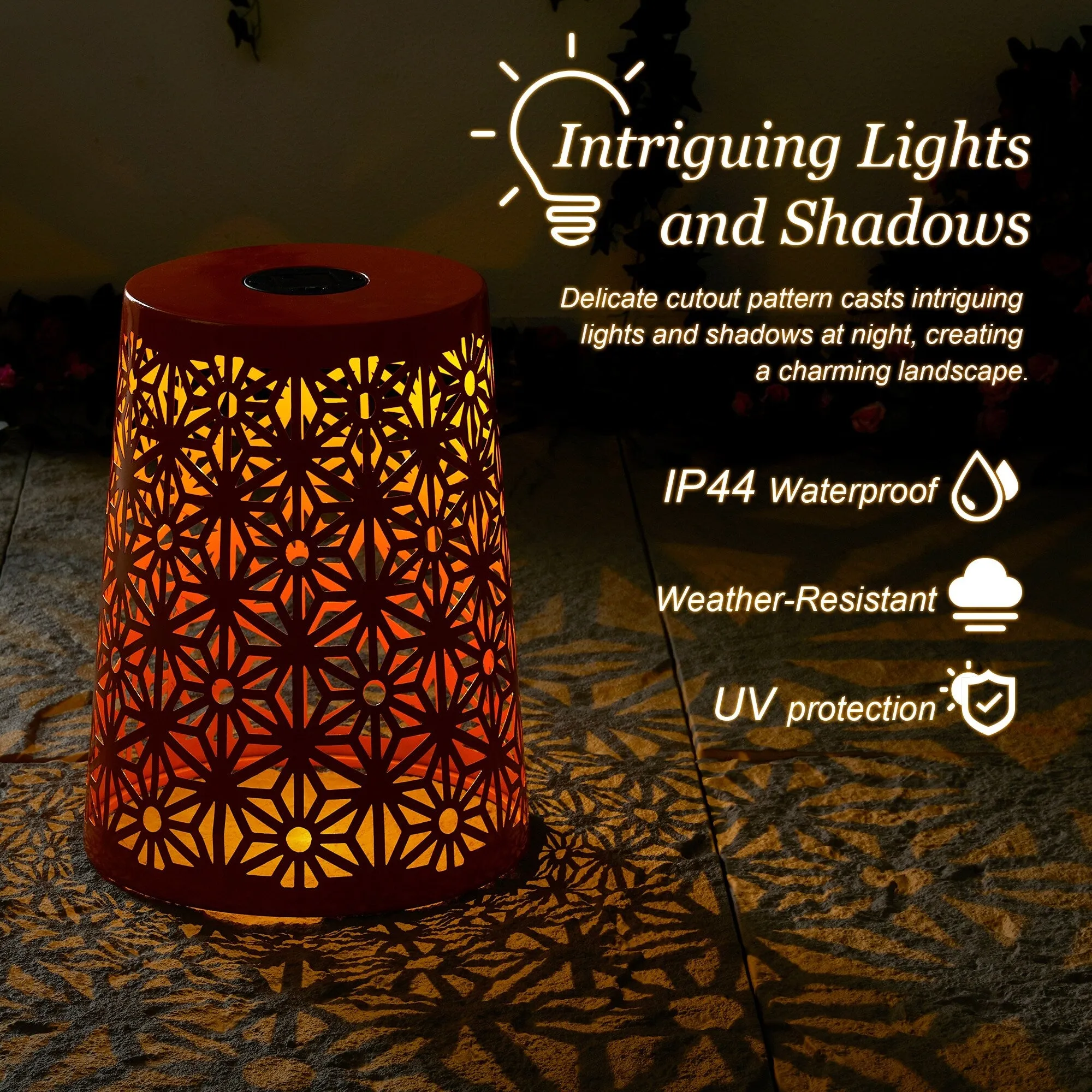 Glitzhome 17.5"H Set of 2 Cutout Geometric Pattern Solar Powdered LED Light Garden Stool