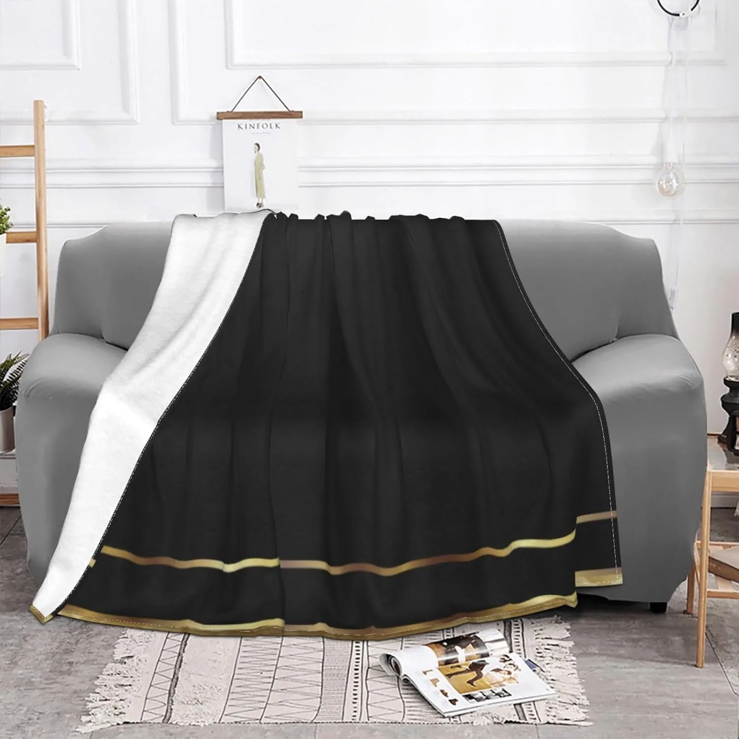 Gold Damask and Black Design 60"X50" Flannel Blanket - 100% Soft Polyester, Lightweight and Warm, Suitable for Families, Camping, Travel