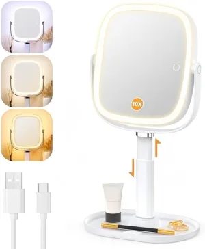 Gospire Lighted Makeup Mirror with Lights and Magnification 1X/10X, Tray Base and Height Adjustable for Desk, 4000mAh Rechargeable Battery, 3 Color Lights＆Memory Function for Bedroom - White