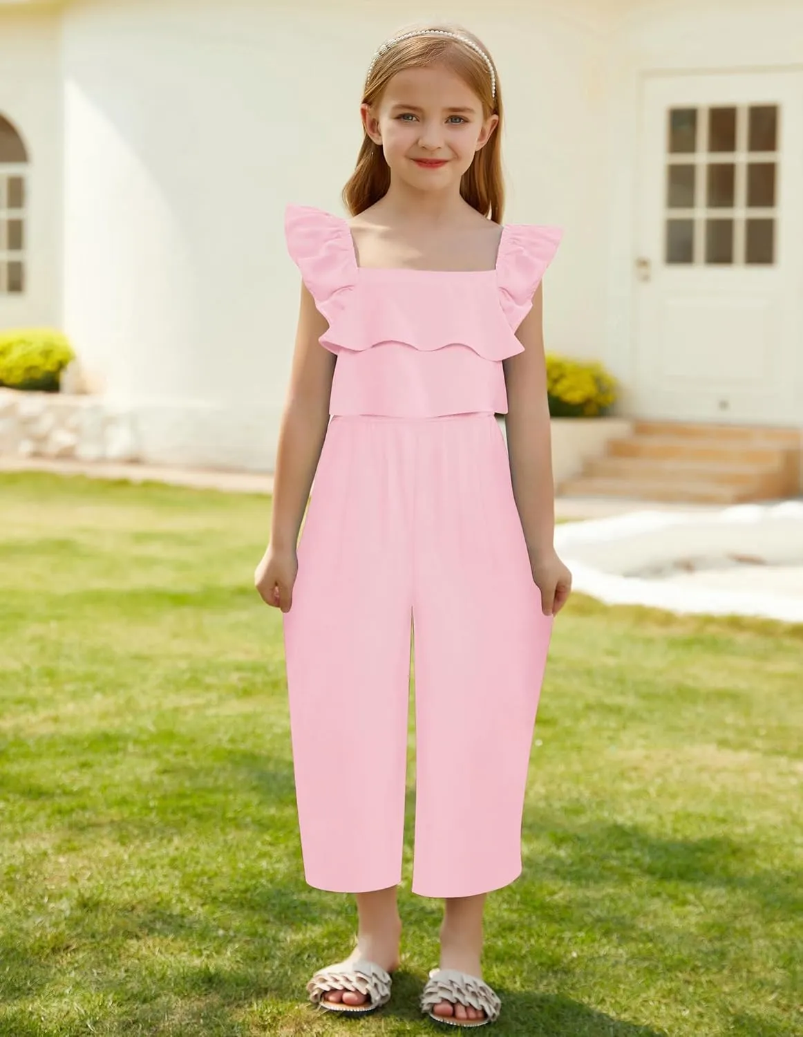 GRACE KARIN Girls Floral Jumpsuit Flutter Sleeve Square Neck Wide Leg Rompers