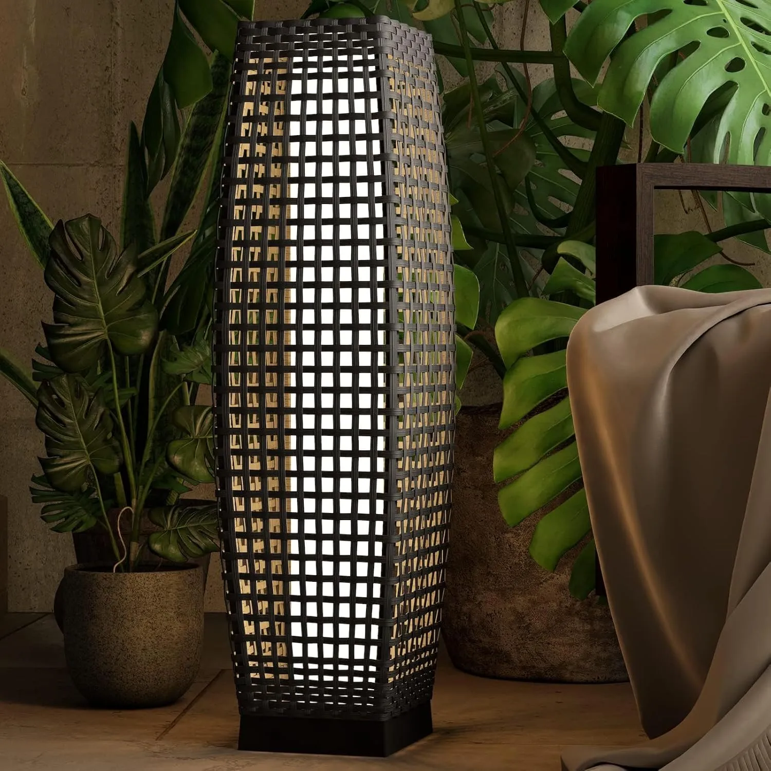 Grand patio Outdoor Floor Lamp Solar Powered Lantern Water-Resistant Wicker Deck Light for Garden or Porch -Large Fuji, Silver Gray