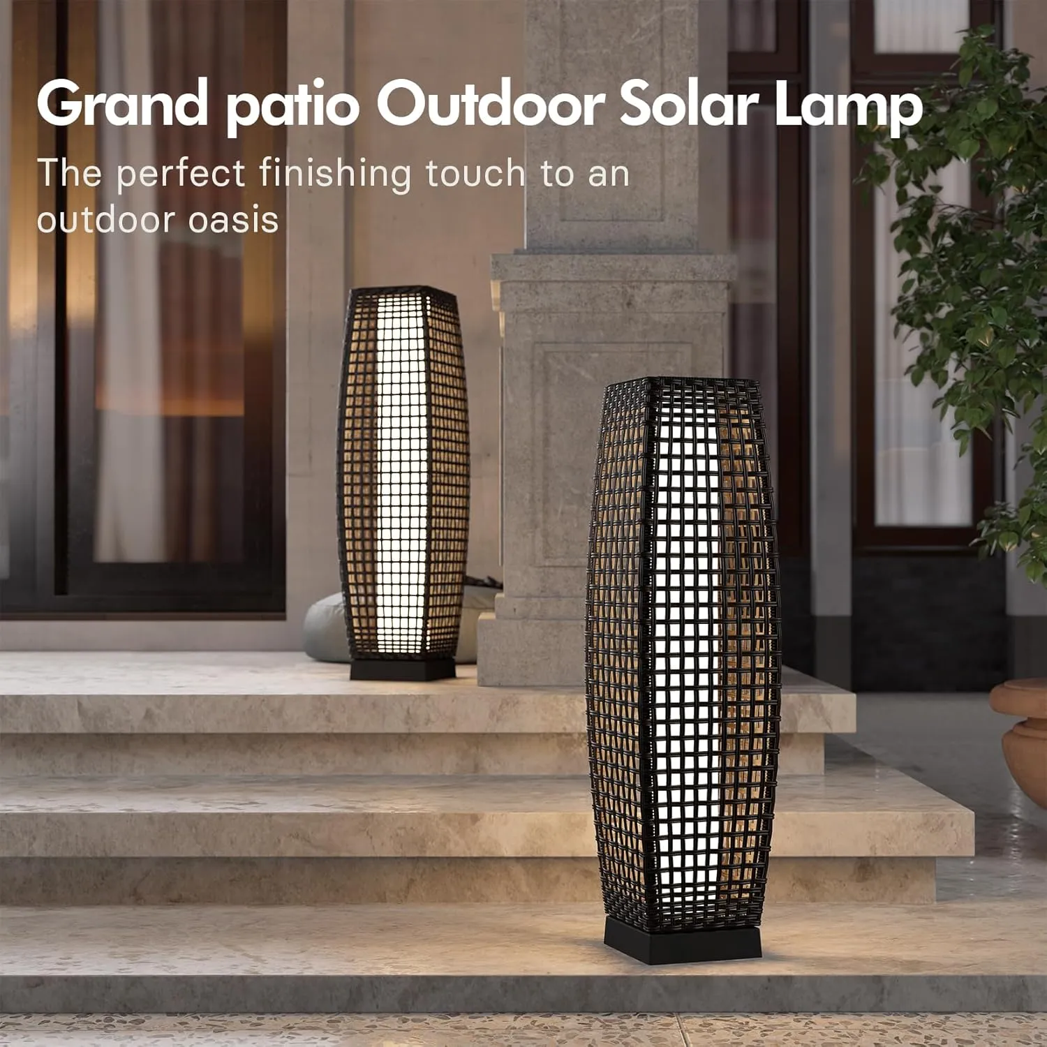 Grand patio Outdoor Floor Lamp Solar Powered Lantern Water-Resistant Wicker Deck Light for Garden or Porch -Large Fuji, Silver Gray