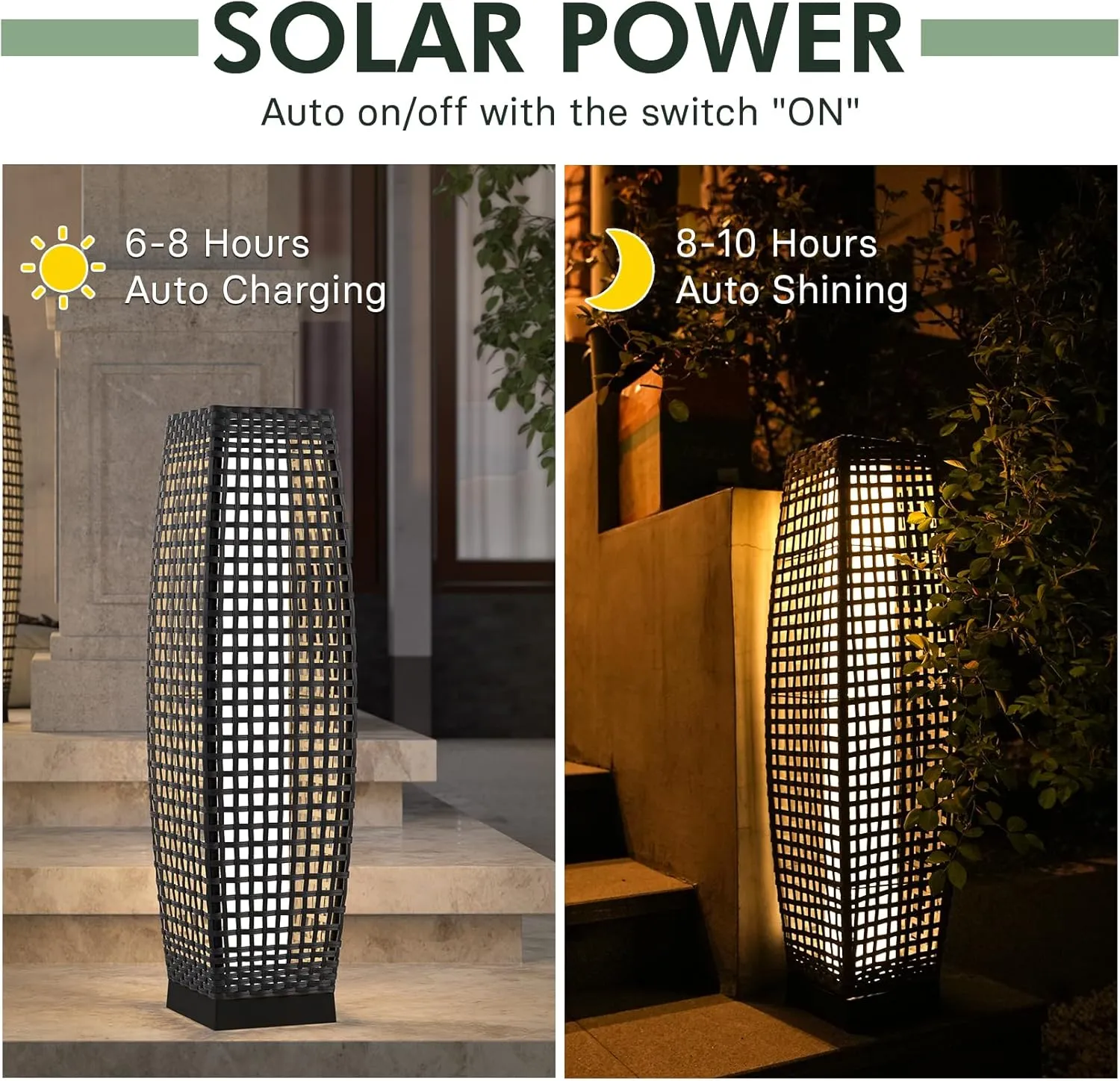 Grand patio Outdoor Floor Lamp Solar Powered Lantern Water-Resistant Wicker Deck Light for Garden or Porch -Large Fuji, Silver Gray