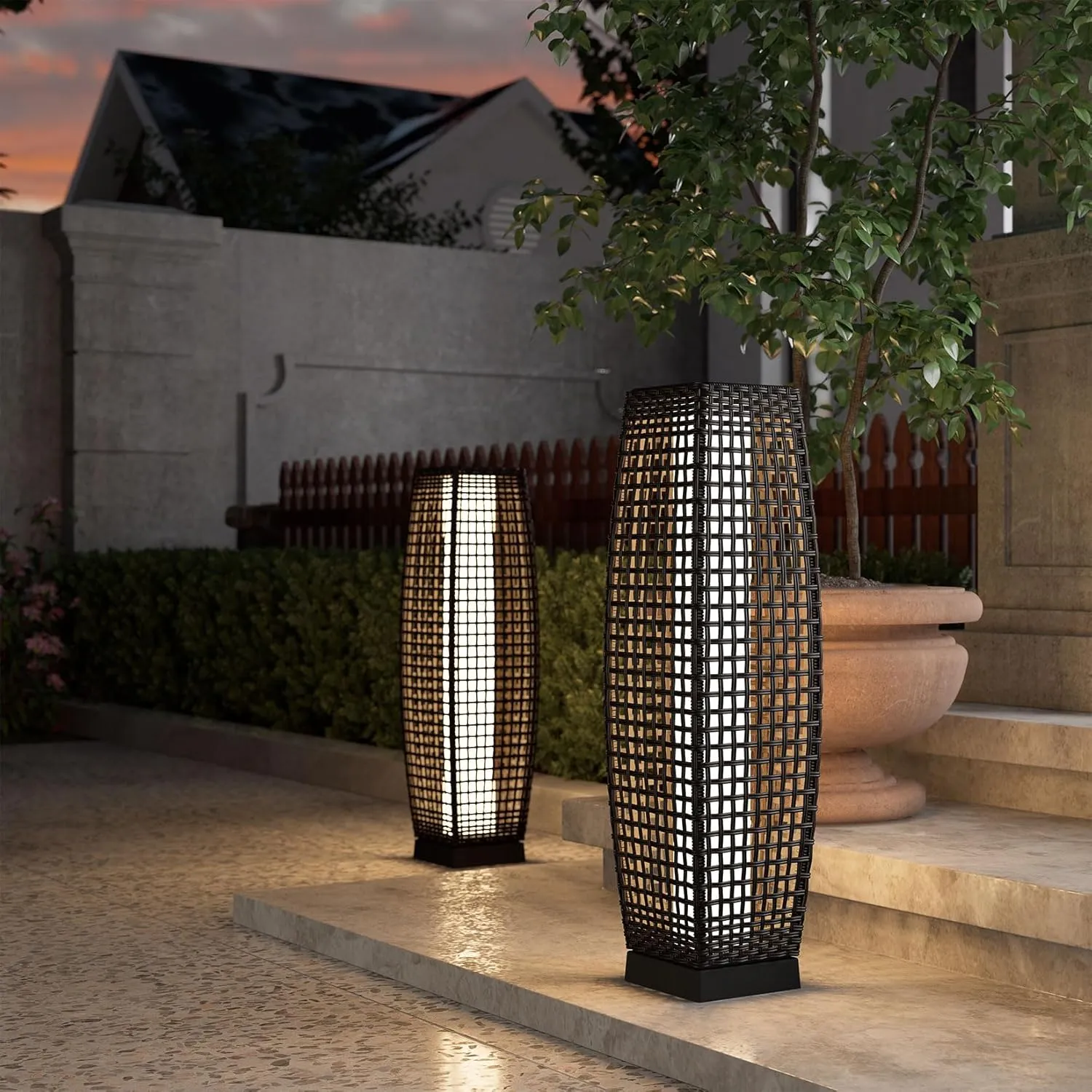 Grand patio Outdoor Floor Lamp Solar Powered Lantern Water-Resistant Wicker Deck Light for Garden or Porch -Large Fuji, Silver Gray