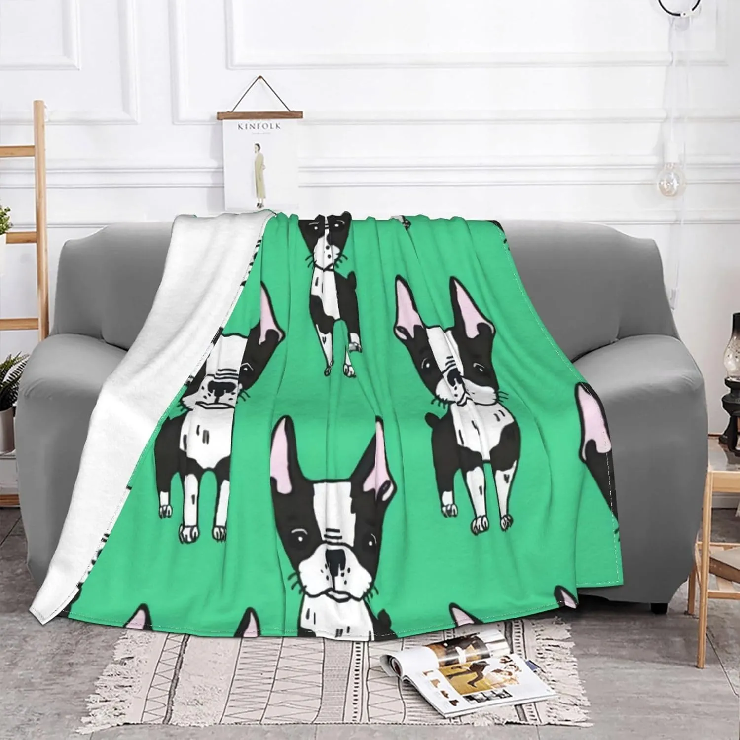 Green Boston Terrier Dogs 60"X50" Flannel Blanket - 100% Soft Polyester, Lightweight and Warm, Suitable for Families, Camping, Travel