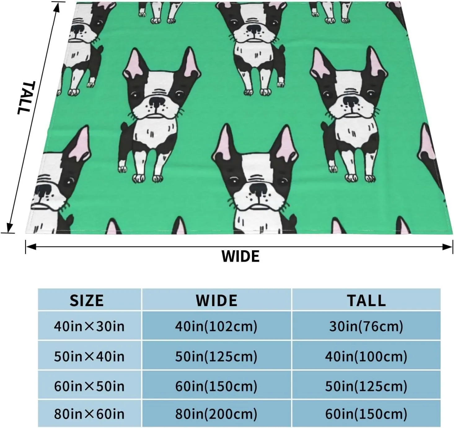 Green Boston Terrier Dogs 60"X50" Flannel Blanket - 100% Soft Polyester, Lightweight and Warm, Suitable for Families, Camping, Travel