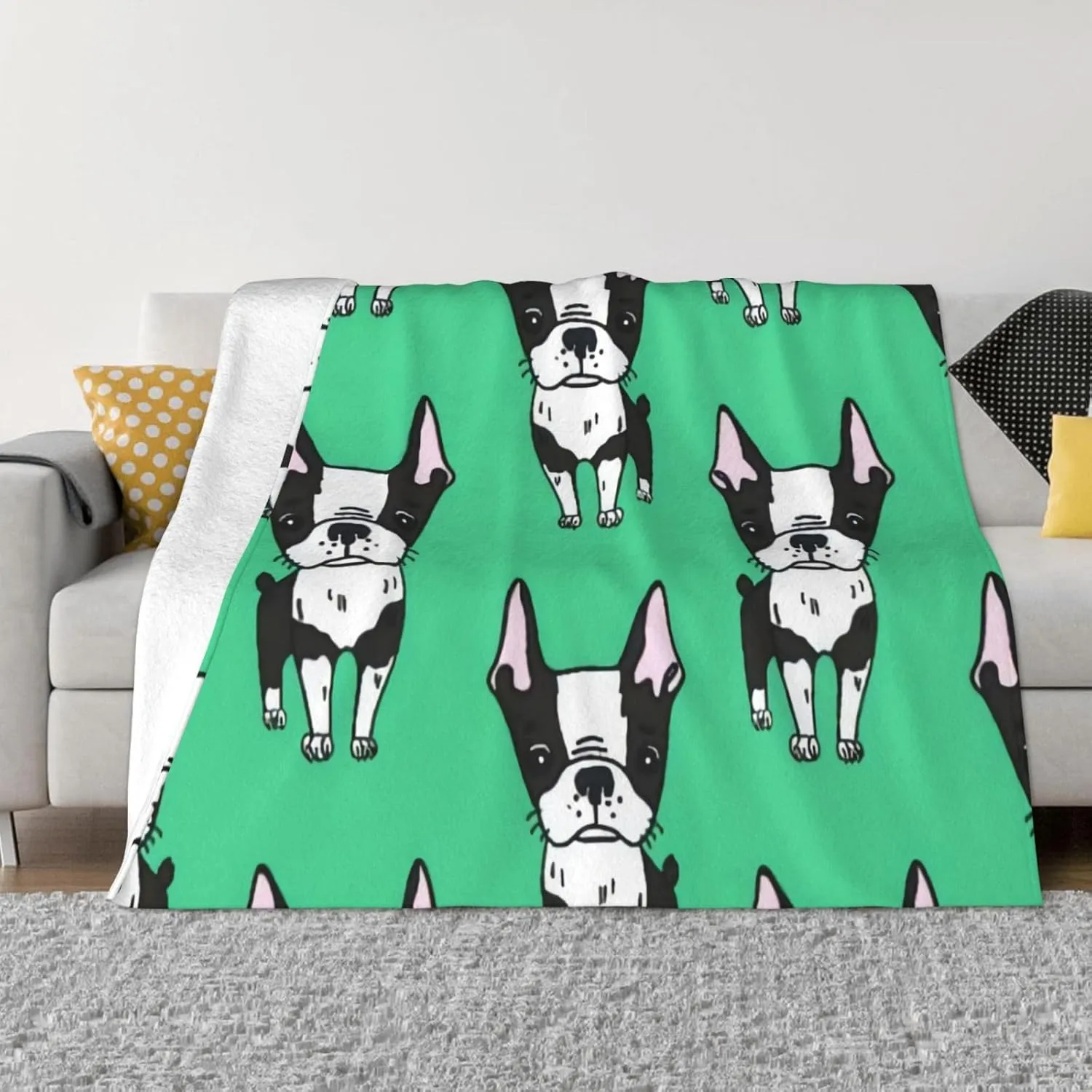 Green Boston Terrier Dogs 60"X50" Flannel Blanket - 100% Soft Polyester, Lightweight and Warm, Suitable for Families, Camping, Travel