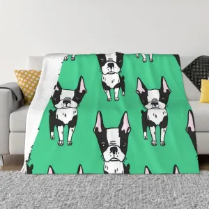 Green Boston Terrier Dogs 60"X50" Flannel Blanket - 100% Soft Polyester, Lightweight and Warm, Suitable for Families, Camping, Travel