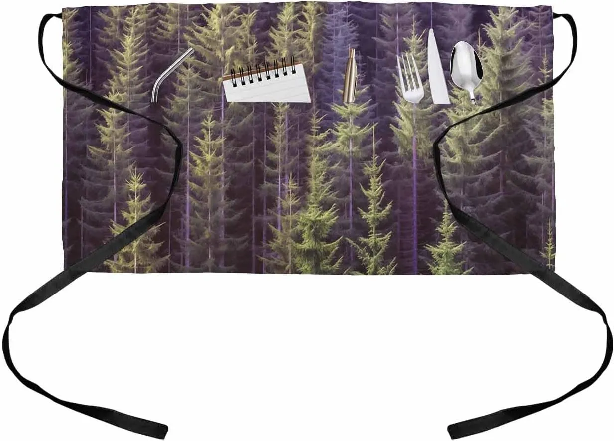 Green Forest Waitress Waiter Server Apron with Pockets,Waist Half Waterproof Cooking Kitchen BBQ Grill Chef Apron for Women,Men,Dad,Mom,Boys,Girls,Teens Pine Trees Landscape Wilderness Spring Summer
