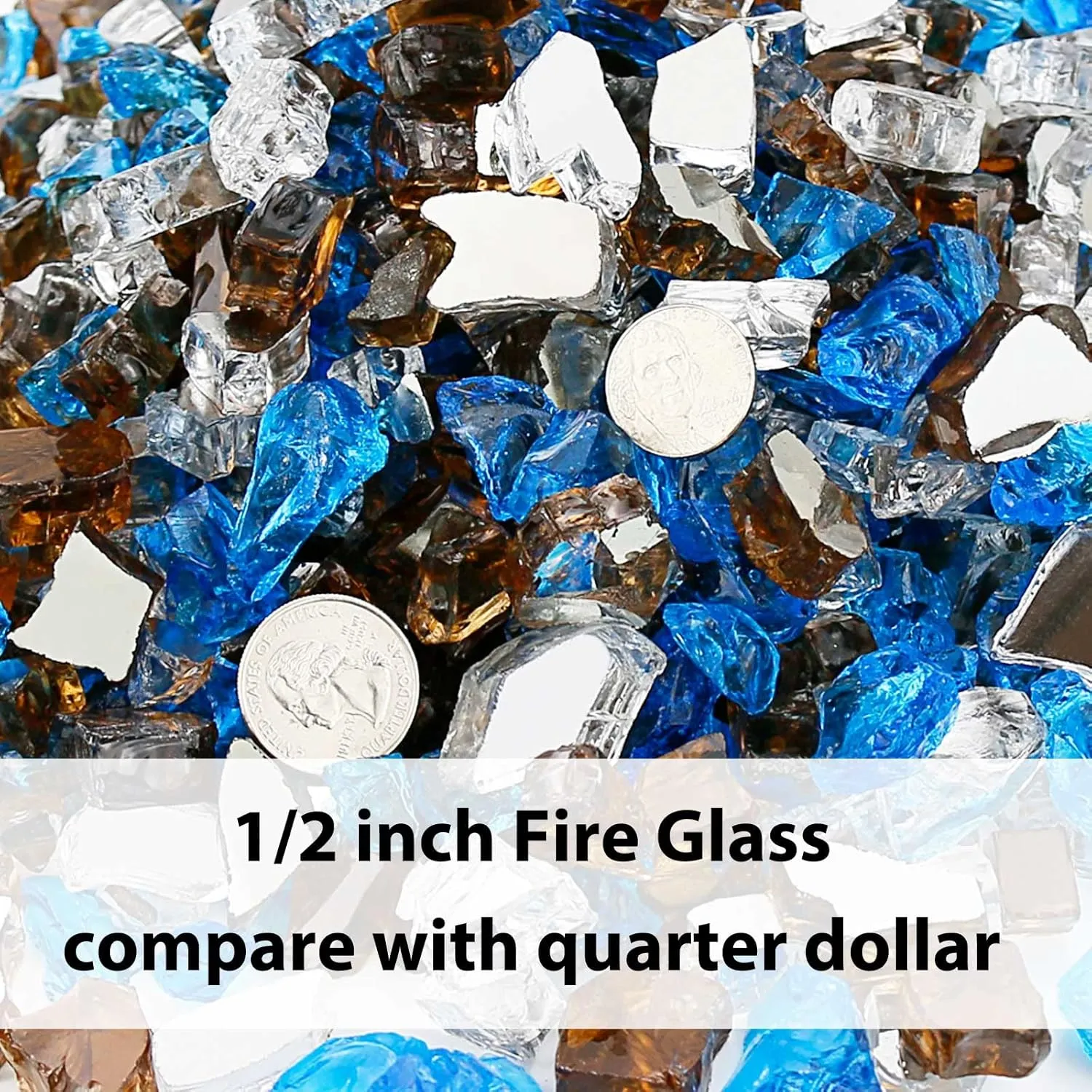 GRISUN 20 Pounds Blended Fire Glass for Fire Pit - 1/2 Inch High Luster Reflective Tempered Glass Rocks for Natural or Propane Fireplace, Safe for Outdoors and Indoors Firepit, Copper, Blue, White