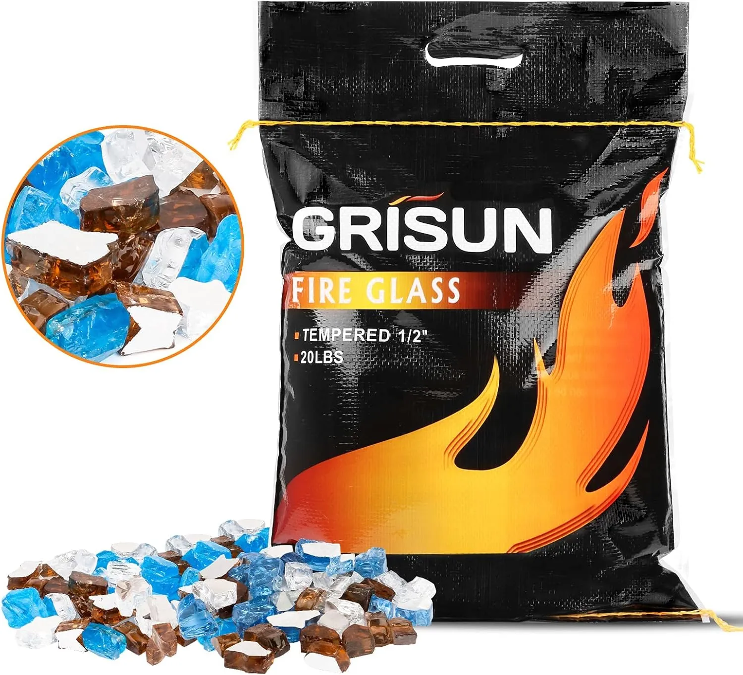 GRISUN 20 Pounds Blended Fire Glass for Fire Pit - 1/2 Inch High Luster Reflective Tempered Glass Rocks for Natural or Propane Fireplace, Safe for Outdoors and Indoors Firepit, Copper, Blue, White