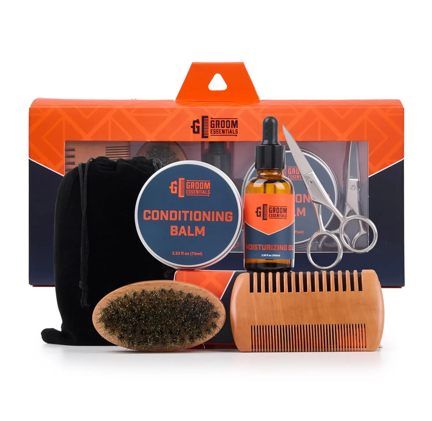 Groom Essentials 6-PC Mens Grooming Kit for Men, Includes Conditioning Balm, Moisturizing Oil, Beard Brush, Dual-Sided Comb, Trimming Scissors, Travel Pouch – Total Beard Grooming Kit