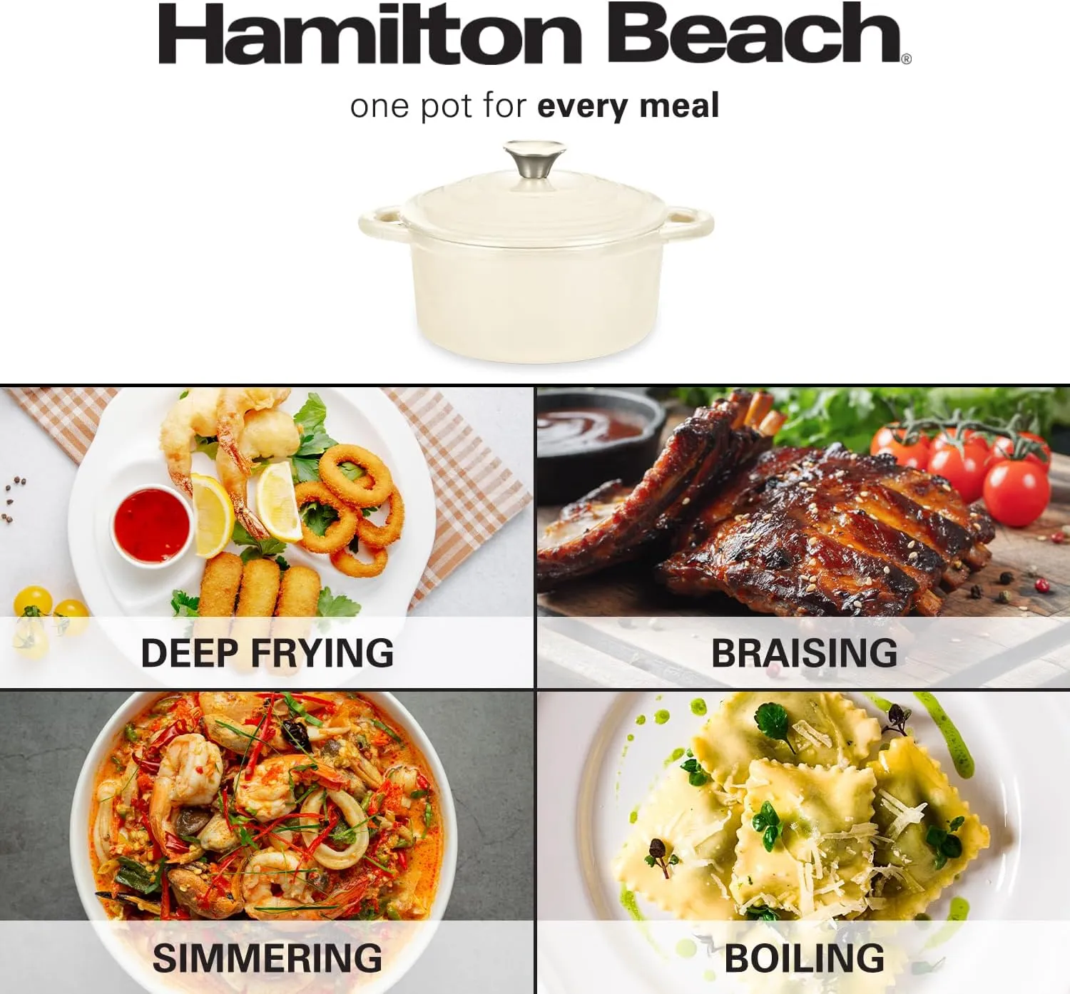 Hamilton Beach Enameled Cast Iron Dutch Oven Cream (3-Quart) | Cream Enamel Coating Dutch Oven Pot with Lid | Cast Iron Dutch Oven with Even Heat Distribution | Easy Grip to Handles & Multipurpose