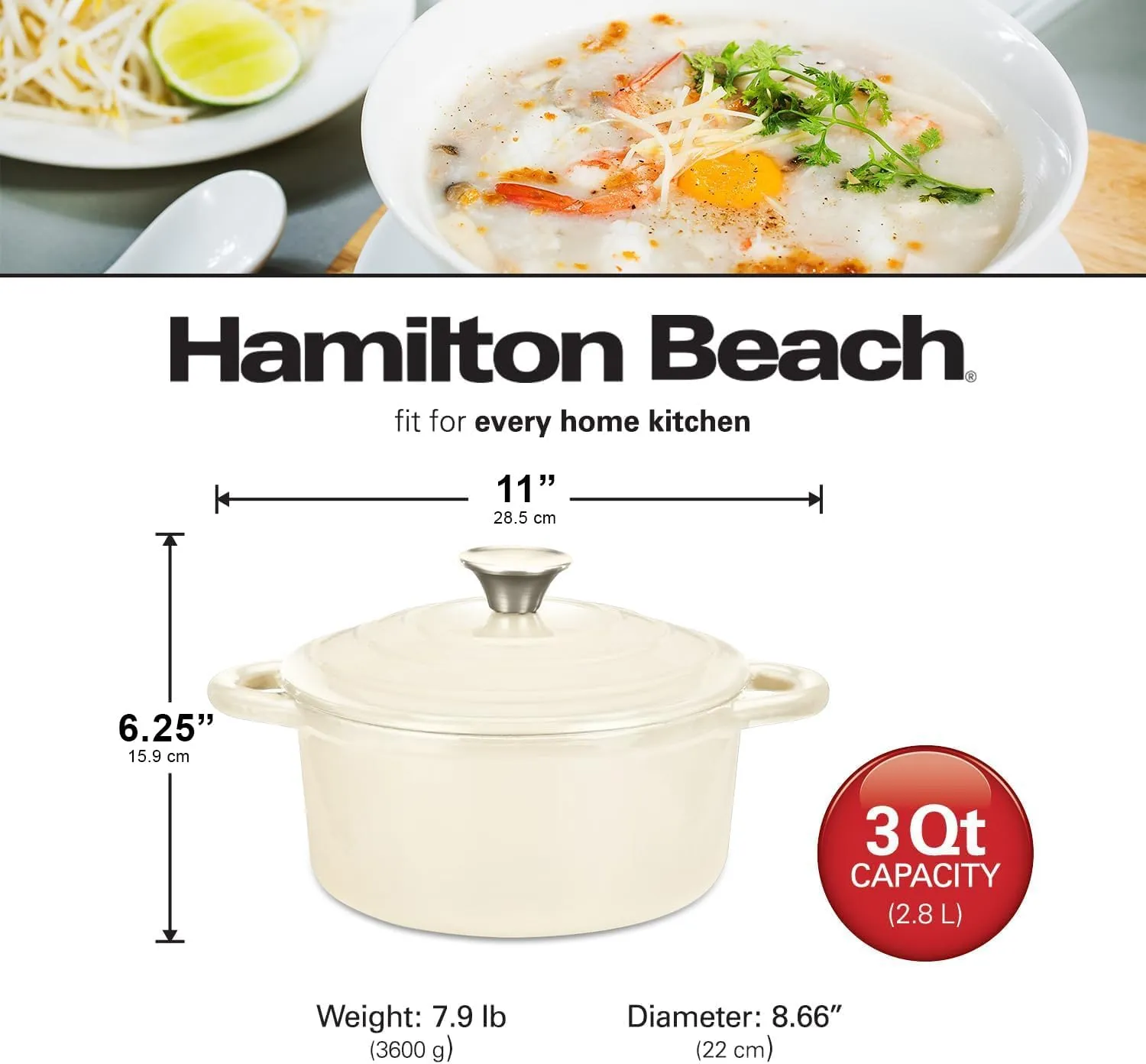 Hamilton Beach Enameled Cast Iron Dutch Oven Cream (3-Quart) | Cream Enamel Coating Dutch Oven Pot with Lid | Cast Iron Dutch Oven with Even Heat Distribution | Easy Grip to Handles & Multipurpose