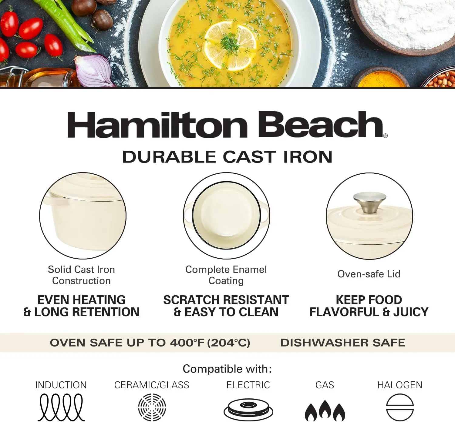 Hamilton Beach Enameled Cast Iron Dutch Oven Cream (3-Quart) | Cream Enamel Coating Dutch Oven Pot with Lid | Cast Iron Dutch Oven with Even Heat Distribution | Easy Grip to Handles & Multipurpose