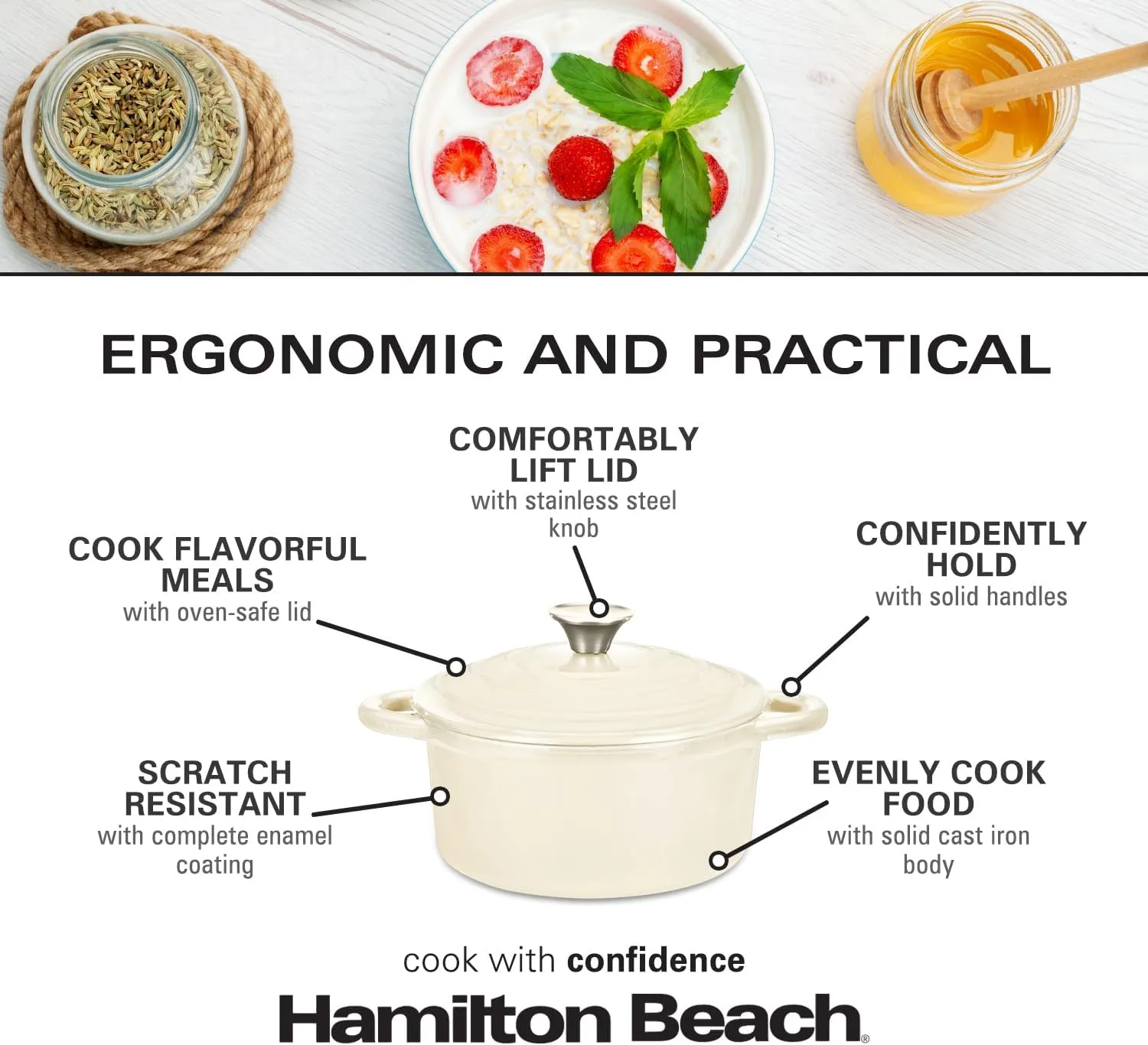 Hamilton Beach Enameled Cast Iron Dutch Oven Cream (3-Quart) | Cream Enamel Coating Dutch Oven Pot with Lid | Cast Iron Dutch Oven with Even Heat Distribution | Easy Grip to Handles & Multipurpose