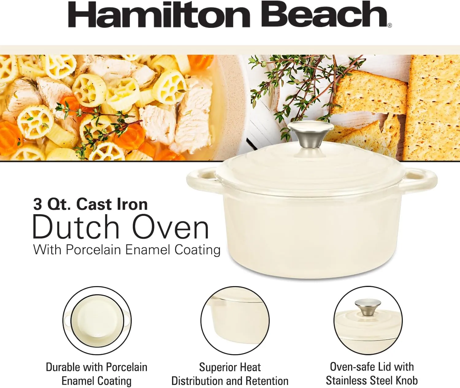 Hamilton Beach Enameled Cast Iron Dutch Oven Cream (3-Quart) | Cream Enamel Coating Dutch Oven Pot with Lid | Cast Iron Dutch Oven with Even Heat Distribution | Easy Grip to Handles & Multipurpose