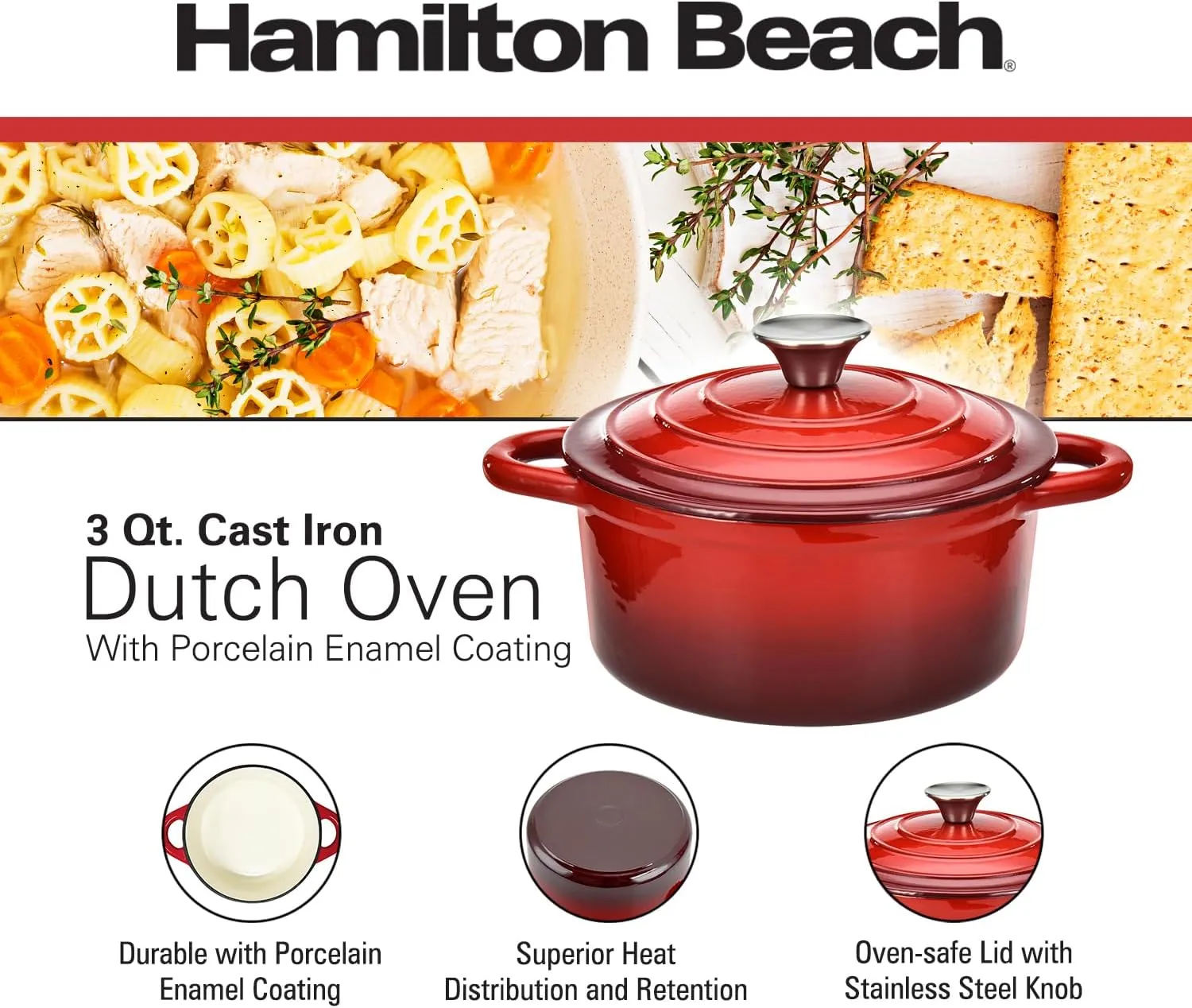Hamilton Beach Enameled Cast Iron Dutch Oven Red (3-Quart) | Cream Enamel Coating Dutch Oven Pot with Lid | Cast Iron Dutch Oven with Even Heat Distribution | Easy Grip to Handles & Multipurpose