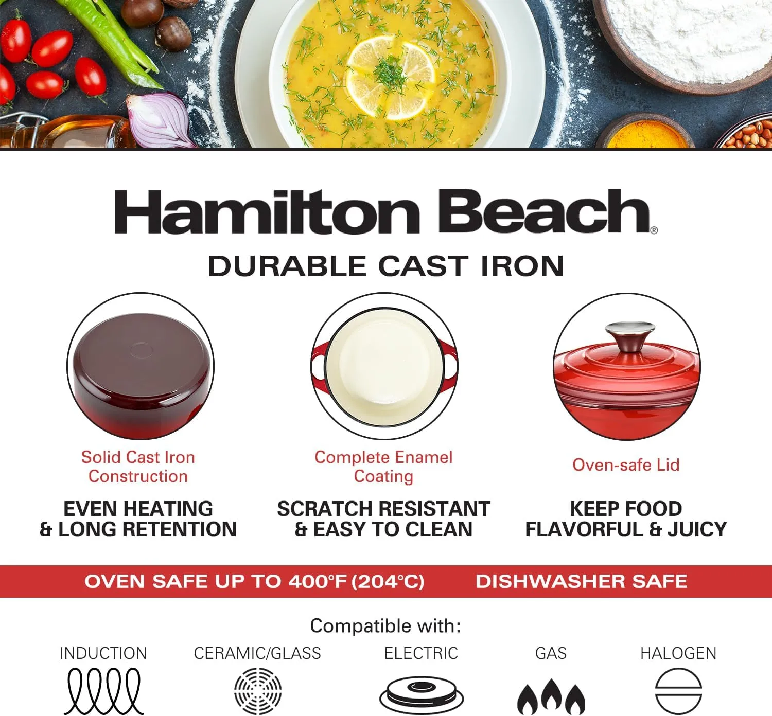 Hamilton Beach Enameled Cast Iron Dutch Oven Red (3-Quart) | Cream Enamel Coating Dutch Oven Pot with Lid | Cast Iron Dutch Oven with Even Heat Distribution | Easy Grip to Handles & Multipurpose