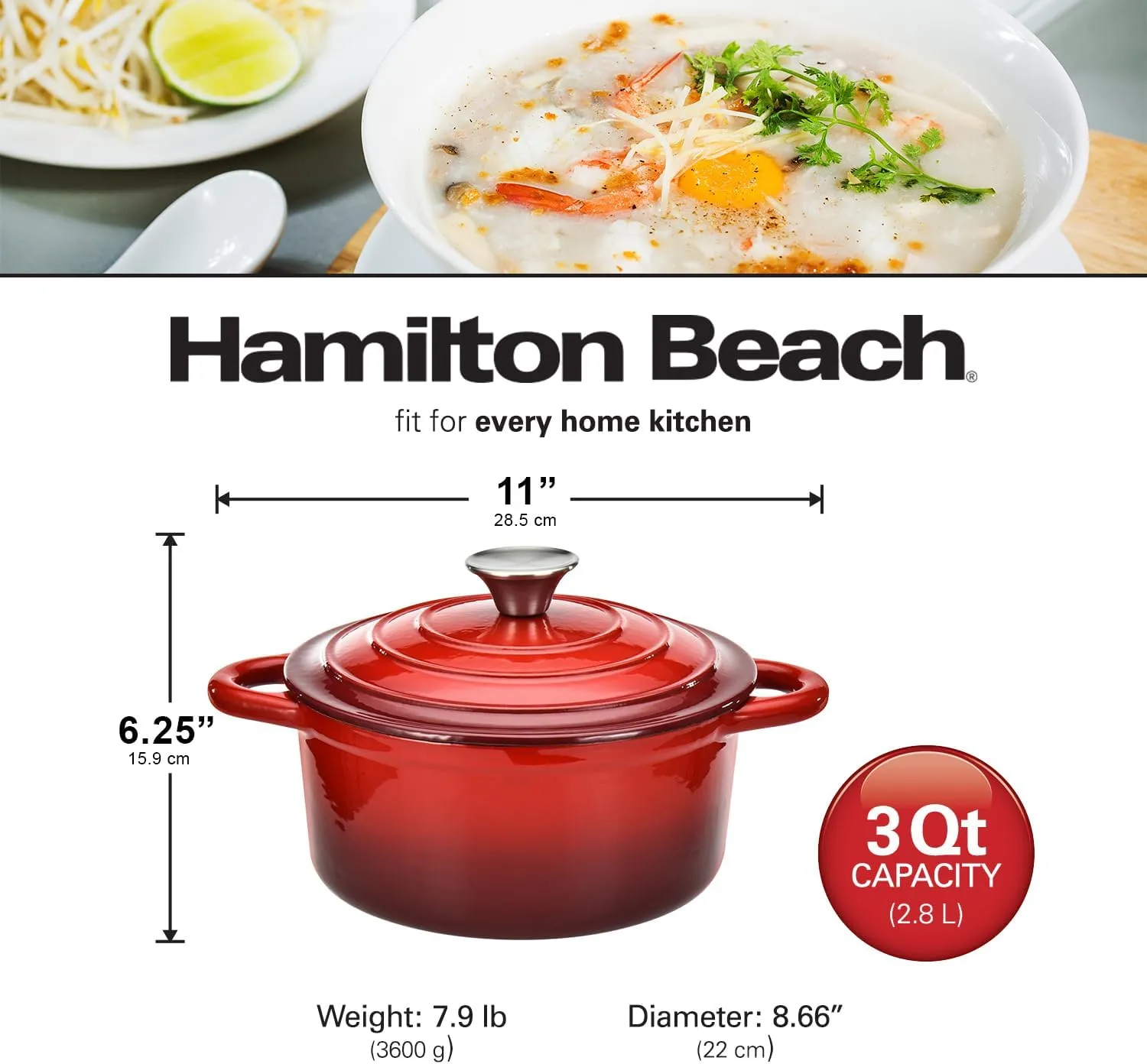 Hamilton Beach Enameled Cast Iron Dutch Oven Red (3-Quart) | Cream Enamel Coating Dutch Oven Pot with Lid | Cast Iron Dutch Oven with Even Heat Distribution | Easy Grip to Handles & Multipurpose