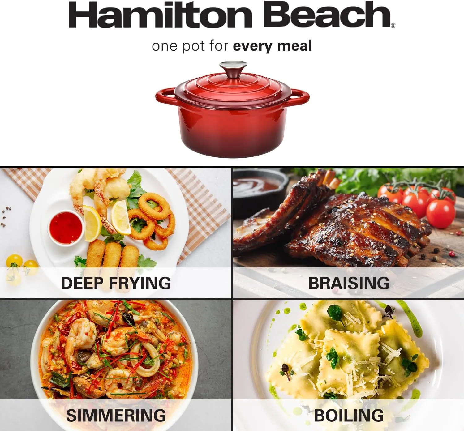 Hamilton Beach Enameled Cast Iron Dutch Oven Red (3-Quart) | Cream Enamel Coating Dutch Oven Pot with Lid | Cast Iron Dutch Oven with Even Heat Distribution | Easy Grip to Handles & Multipurpose