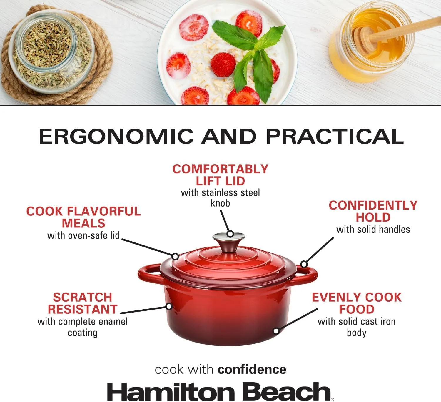 Hamilton Beach Enameled Cast Iron Dutch Oven Red (3-Quart) | Cream Enamel Coating Dutch Oven Pot with Lid | Cast Iron Dutch Oven with Even Heat Distribution | Easy Grip to Handles & Multipurpose