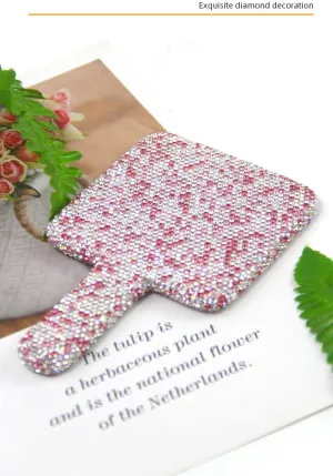 Handheld Mirror Square Shaped Mirror Cosmetic Hand Mirror with Handle, Sparkling Rhinestone Cute Hand Mirror for Women Girls, Pink