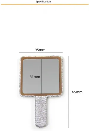 Handheld Mirror Square Shaped Mirror Cosmetic Hand Mirror with Handle, Sparkling Rhinestone Cute Hand Mirror for Women Girls, White