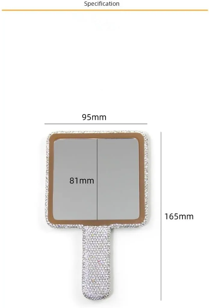 Handheld Mirror Square Shaped Mirror Cosmetic Hand Mirror with Handle, Sparkling Rhinestone Cute Hand Mirror for Women Girls, White