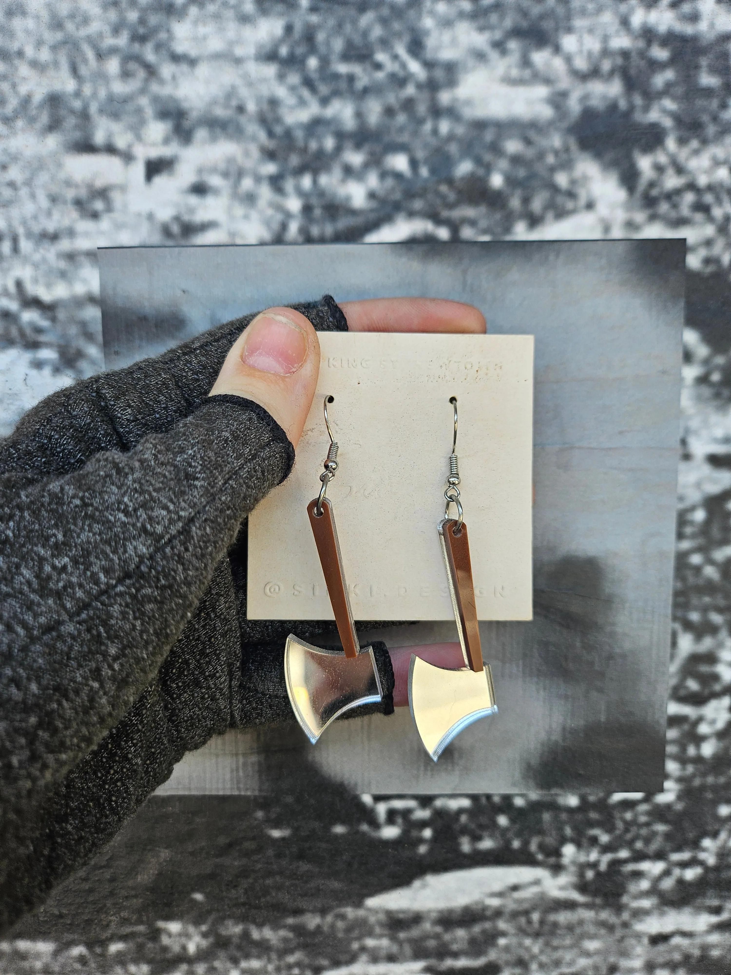 Handmade Silver Mirror Reflective Axe Earrings