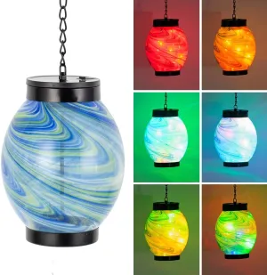 Hanging Solar Lanterns Outdoor Waterproof,21" Blue Glass Solar Lights with RGB Color Changing String Light,Outdoor Lanterns for Patio Tree Yard Tabletop Garden Decor,Garden Gifts for Women