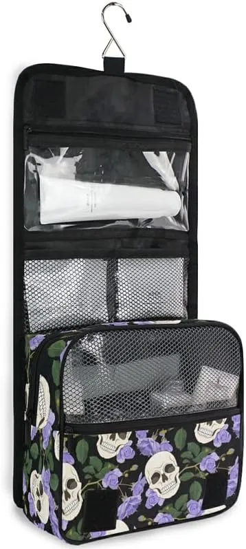 Hanging Toiletry Bag Gothic Lilac Roses and Skulls Makeup Travel bag for Toiletries Portable Toiletry Organizer Bags Clear Toiletry Cosmetic Kit