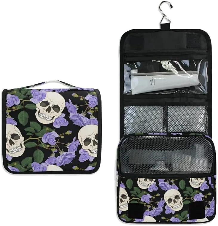Hanging Toiletry Bag Gothic Lilac Roses and Skulls Makeup Travel bag for Toiletries Portable Toiletry Organizer Bags Clear Toiletry Cosmetic Kit