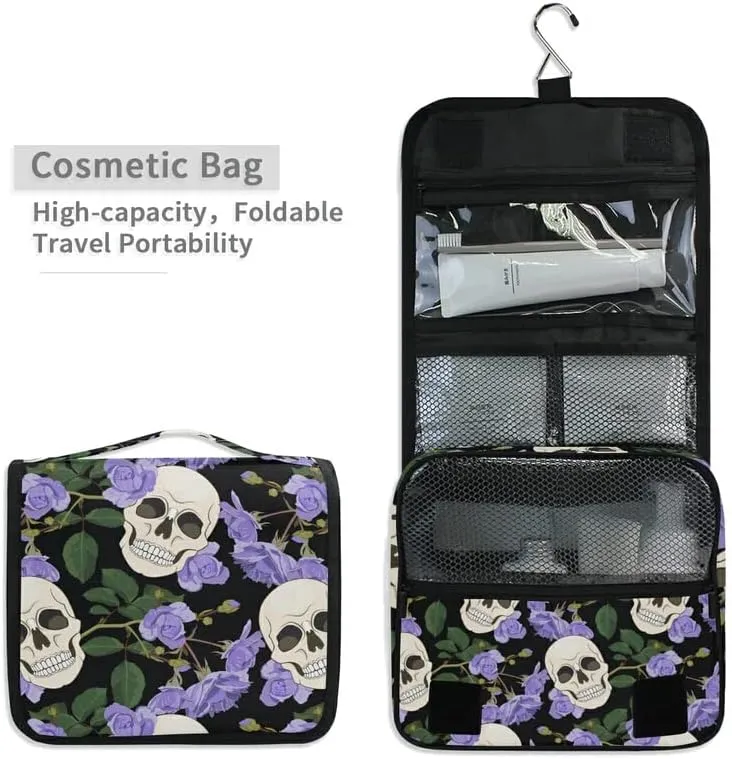 Hanging Toiletry Bag Gothic Lilac Roses and Skulls Makeup Travel bag for Toiletries Portable Toiletry Organizer Bags Clear Toiletry Cosmetic Kit