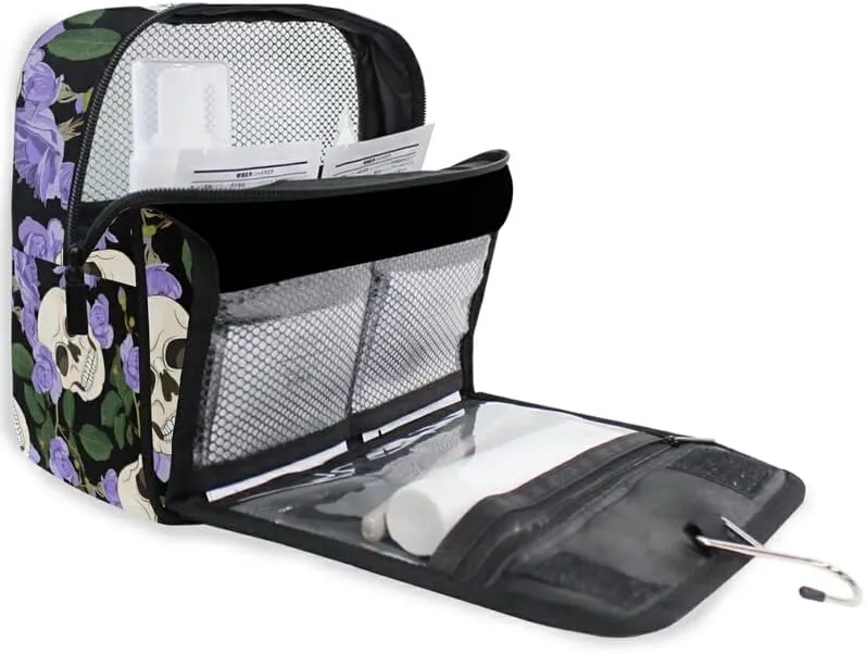 Hanging Toiletry Bag Gothic Lilac Roses and Skulls Makeup Travel bag for Toiletries Portable Toiletry Organizer Bags Clear Toiletry Cosmetic Kit