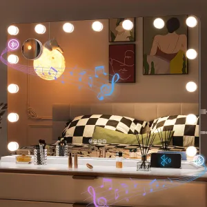 Hasipu LED Makeup Mirror with Bluetooth Speaker, 31" x 22" Makeup Mirror with Lights and Magnification, Hollywood Mirror with 3 Color Modes, LED Make up Mirror with USB & Type-C Charging